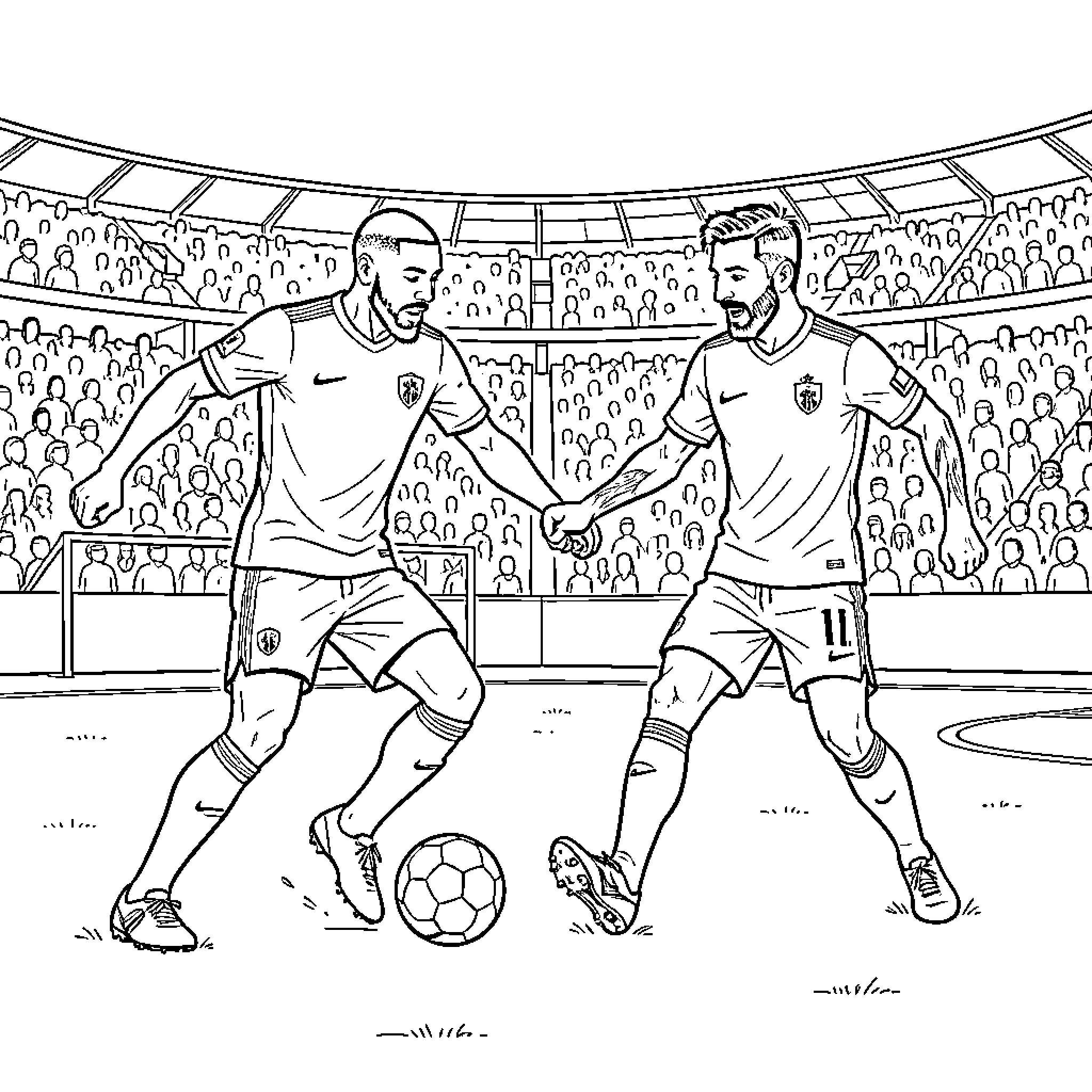 Mbappe dribbling a soccer ball past a defender Coloring Page (free black-and-white line drawing printable PDF for all, from beginners to advanced learners, including children, teens, adults, and seniors)