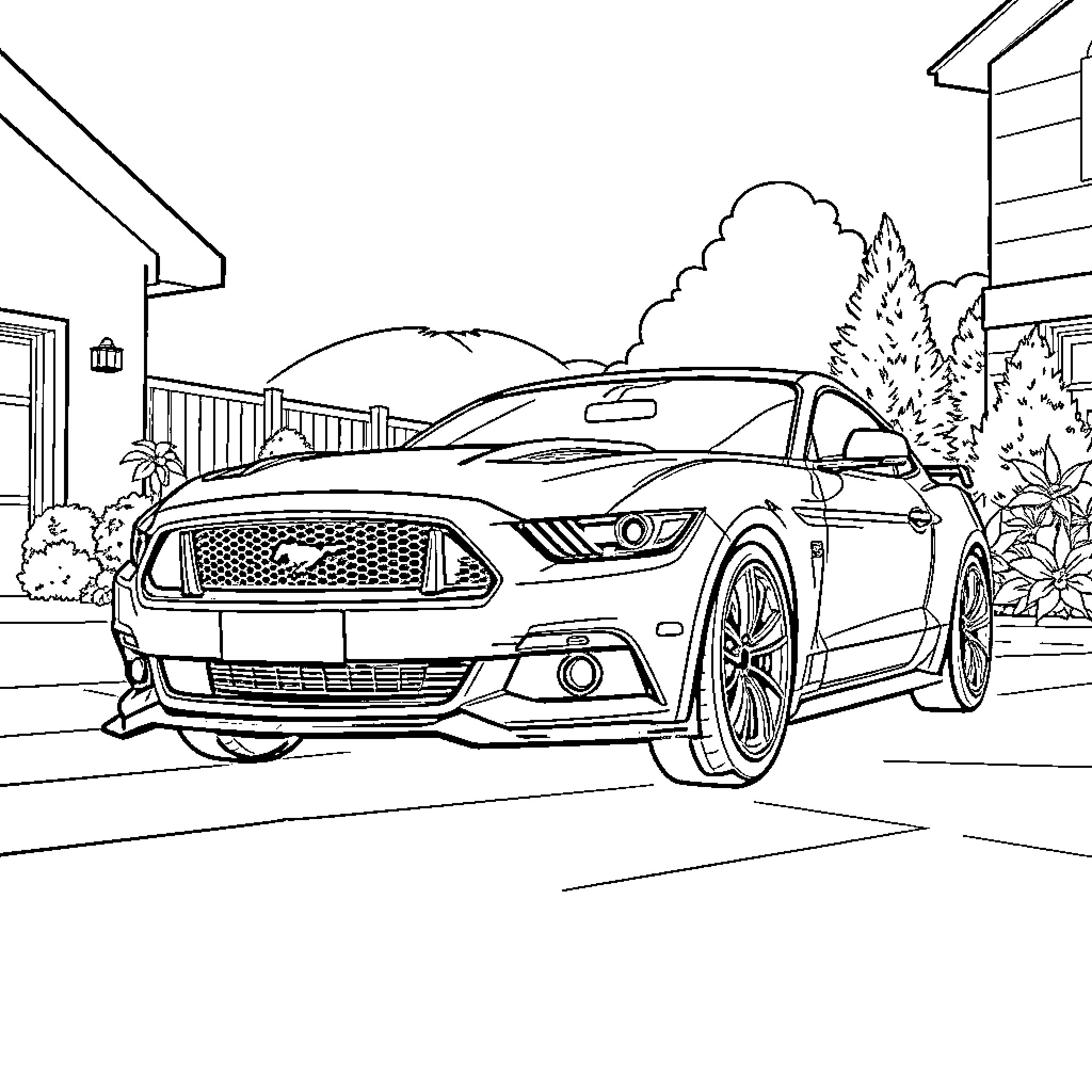 Ford Mustang parked in front of a house Coloring Page (free black-and-white line drawing printable PDF for all, from beginners to advanced learners, including children, teens, adults, and seniors)
