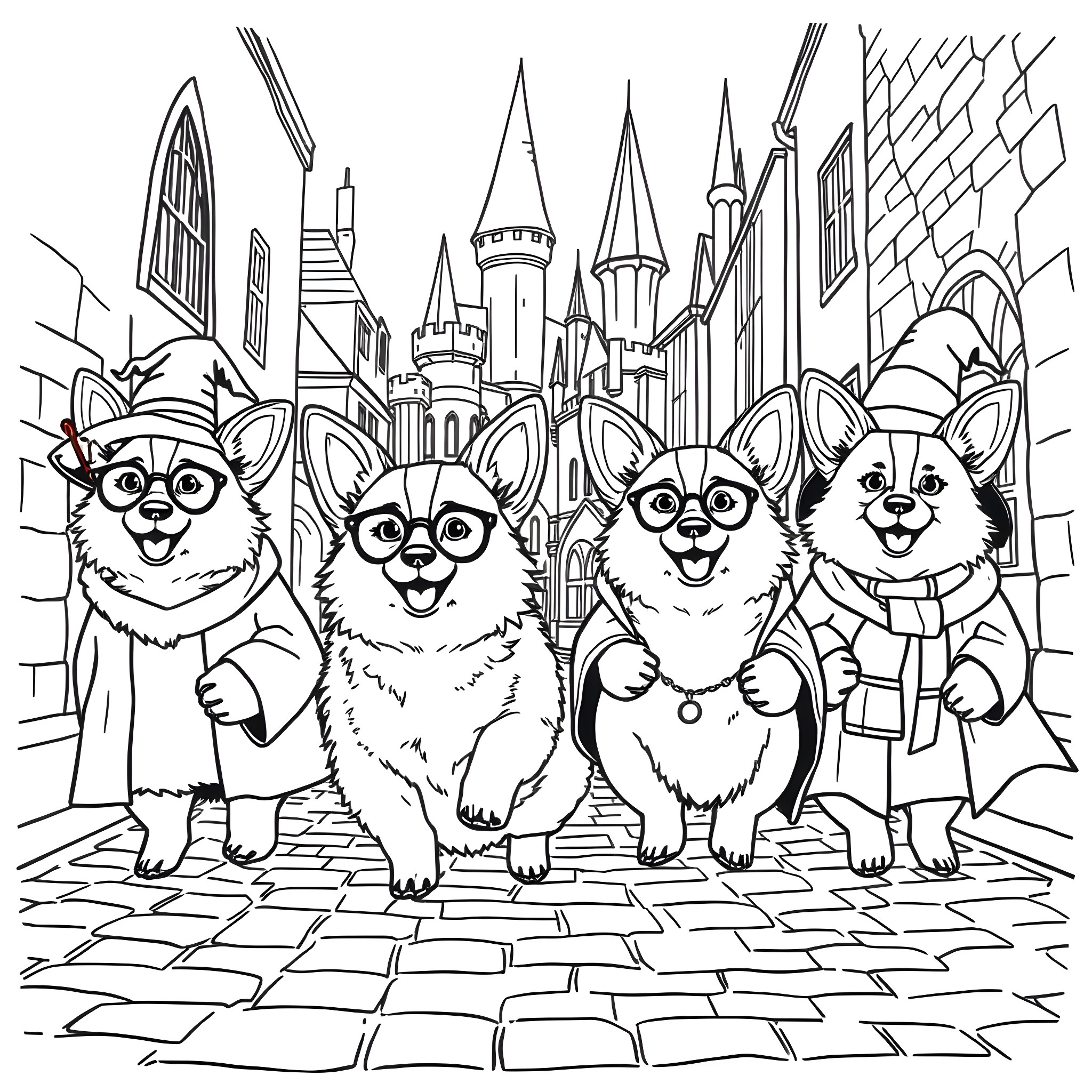 Corgi corgis exploring a magical castle town Coloring Page (free black-and-white line drawing printable PDF for all, from beginners to advanced learners, including children, teens, adults, and seniors)