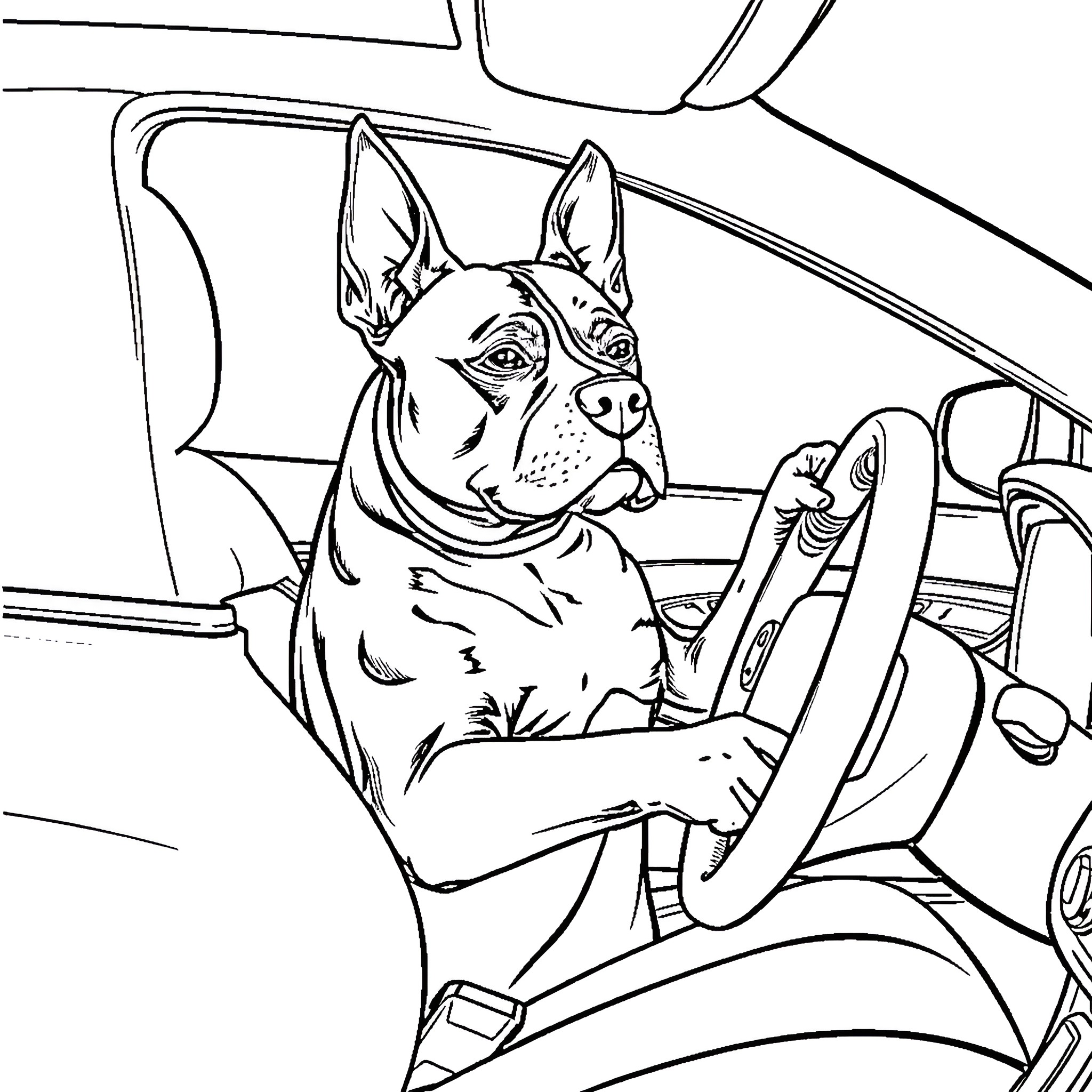 Pitbull driving a car with focused expression Coloring Page (free black-and-white line drawing printable PDF for all, from beginners to advanced learners, including children, teens, adults, and seniors)
