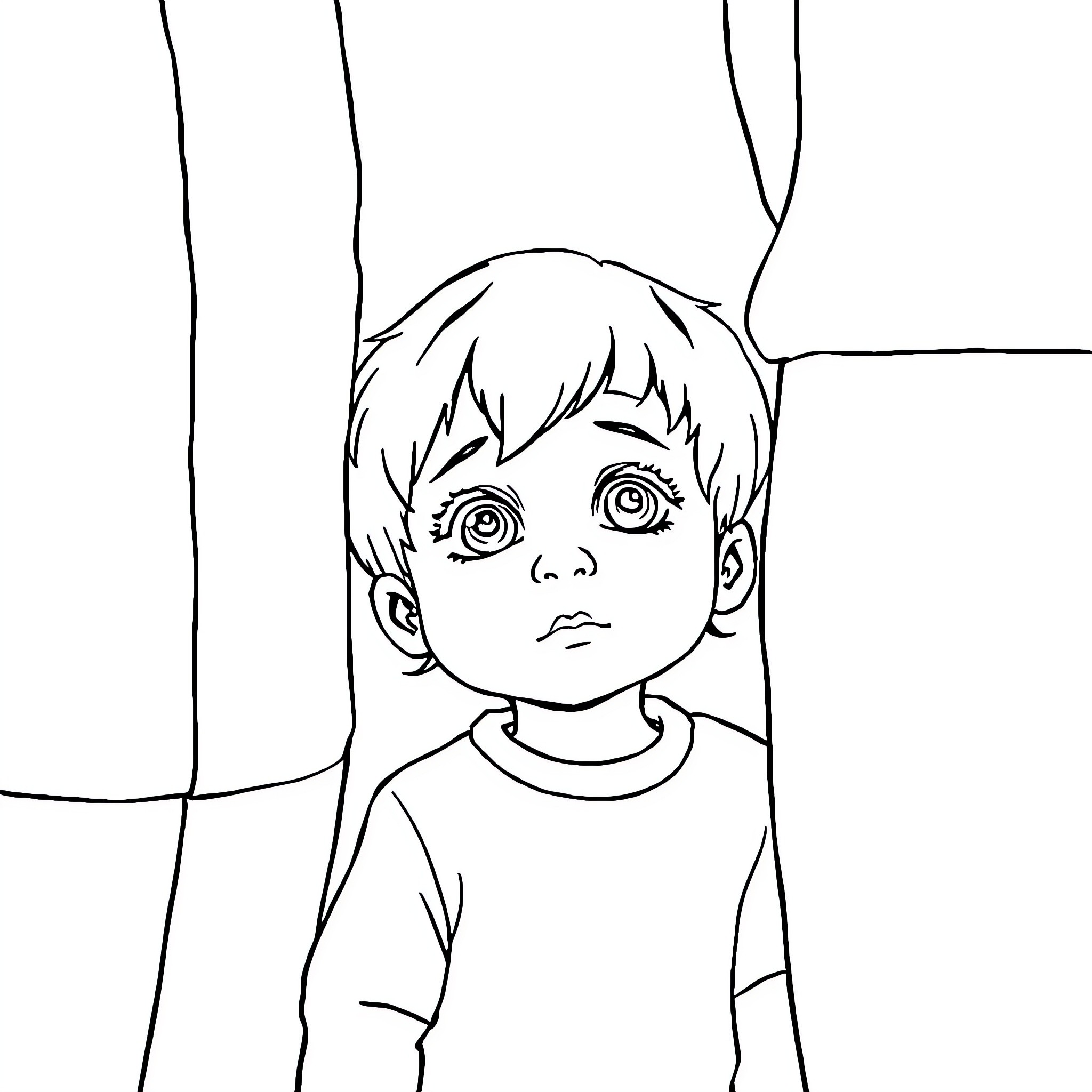 Kid with curious expression in the bedroom Coloring Page (free black-and-white line drawing printable PDF for all, from beginners to advanced learners, including children, teens, adults, and seniors)