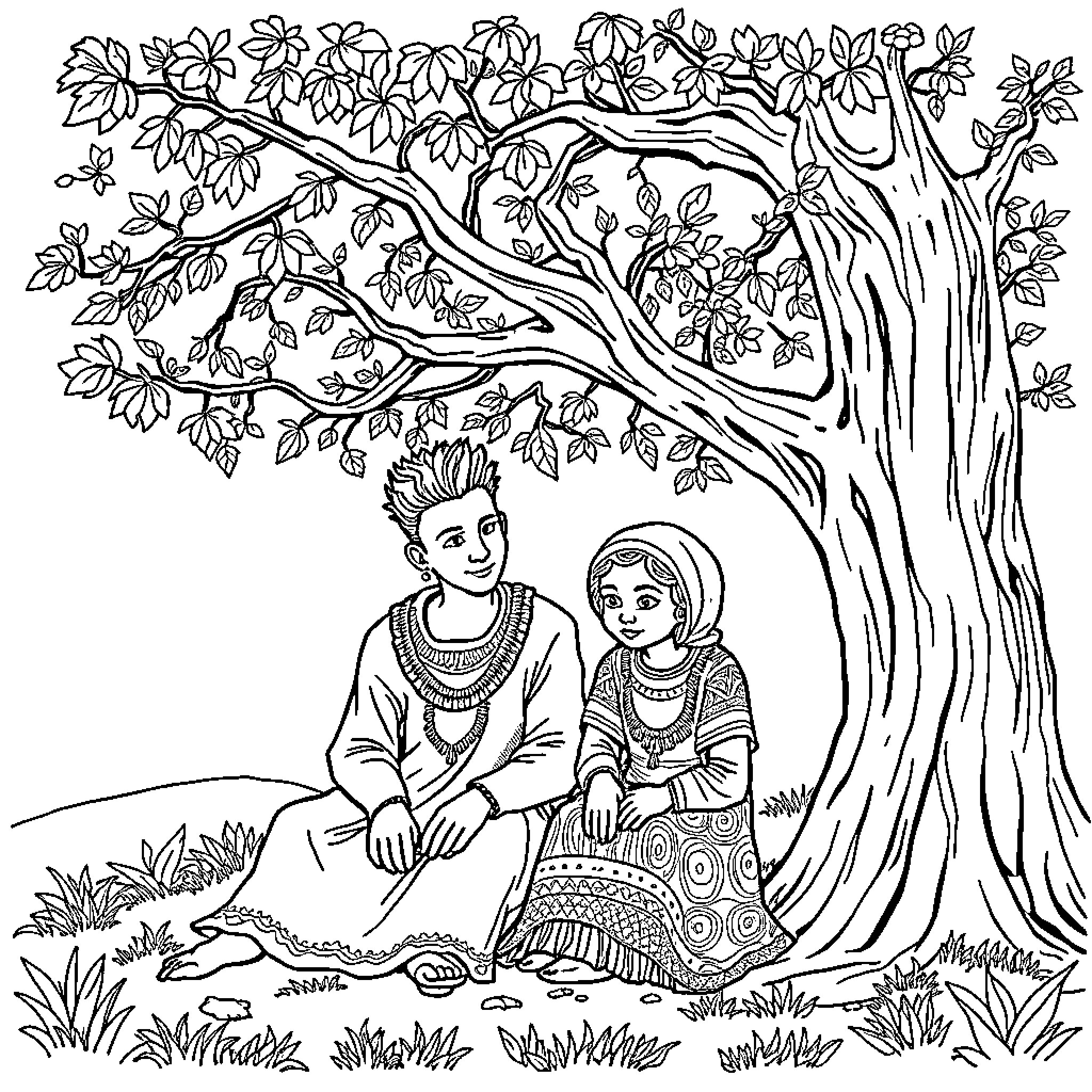 Amet ve Tugba's Peaceful Moment Under the Tree Coloring Page (free black-and-white line drawing printable PDF for all, from beginners to advanced learners, including children, teens, adults, and seniors)