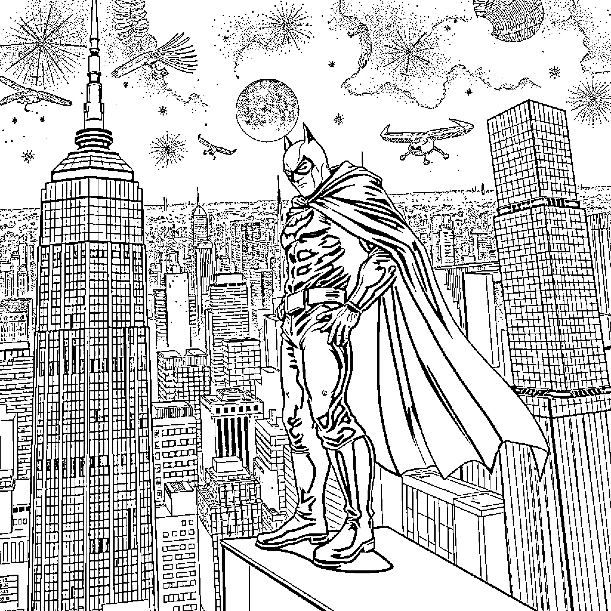 Vigilante Protects Cityscape with Heroic Stance Coloring Page (free black-and-white line drawing printable PDF for all, from beginners to advanced learners, including children, teens, adults, and seniors)