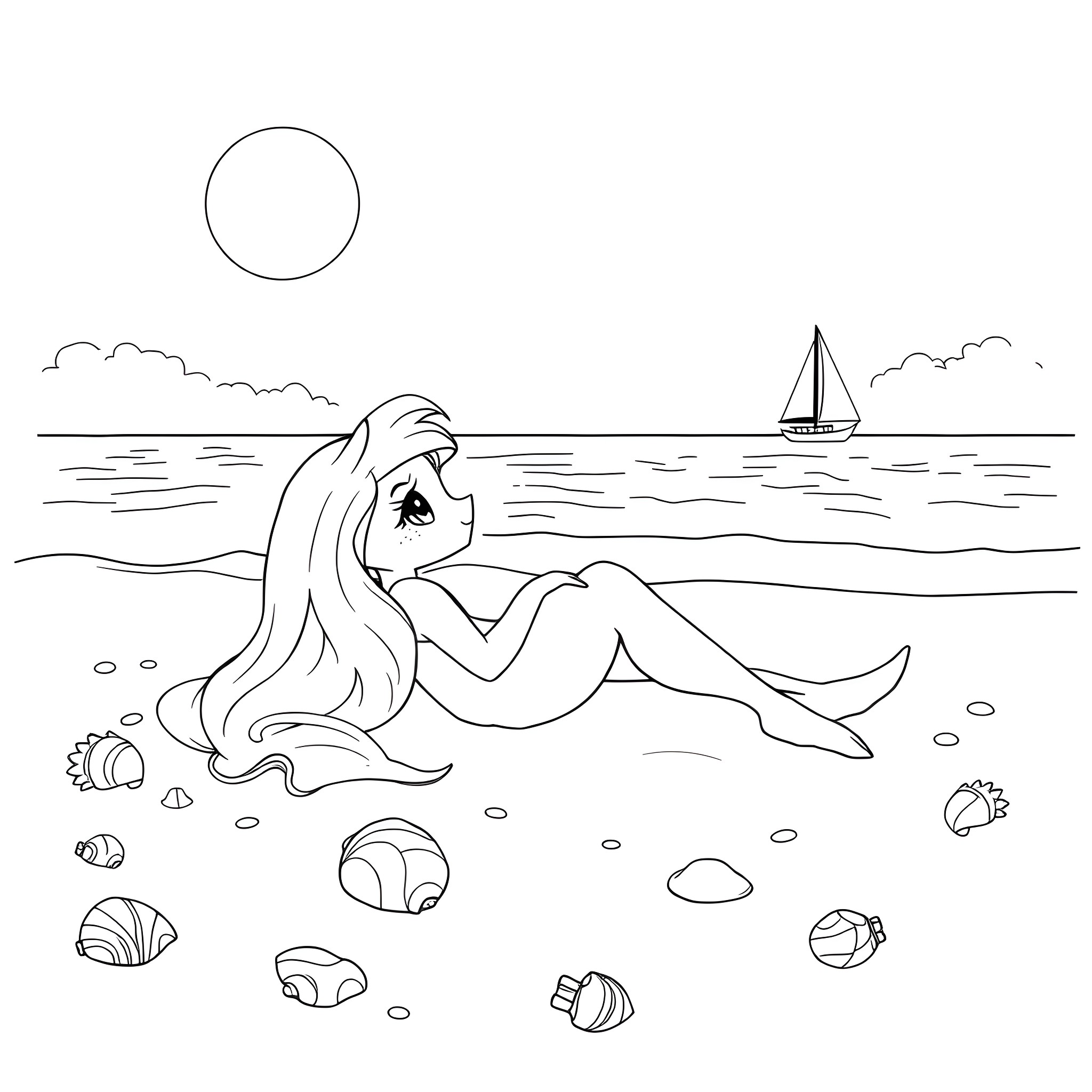 Starfire relaxing on the beach with a sailboat in the distance Coloring Page (free black-and-white line drawing printable PDF for all, from beginners to advanced learners, including children, teens, adults, and seniors)