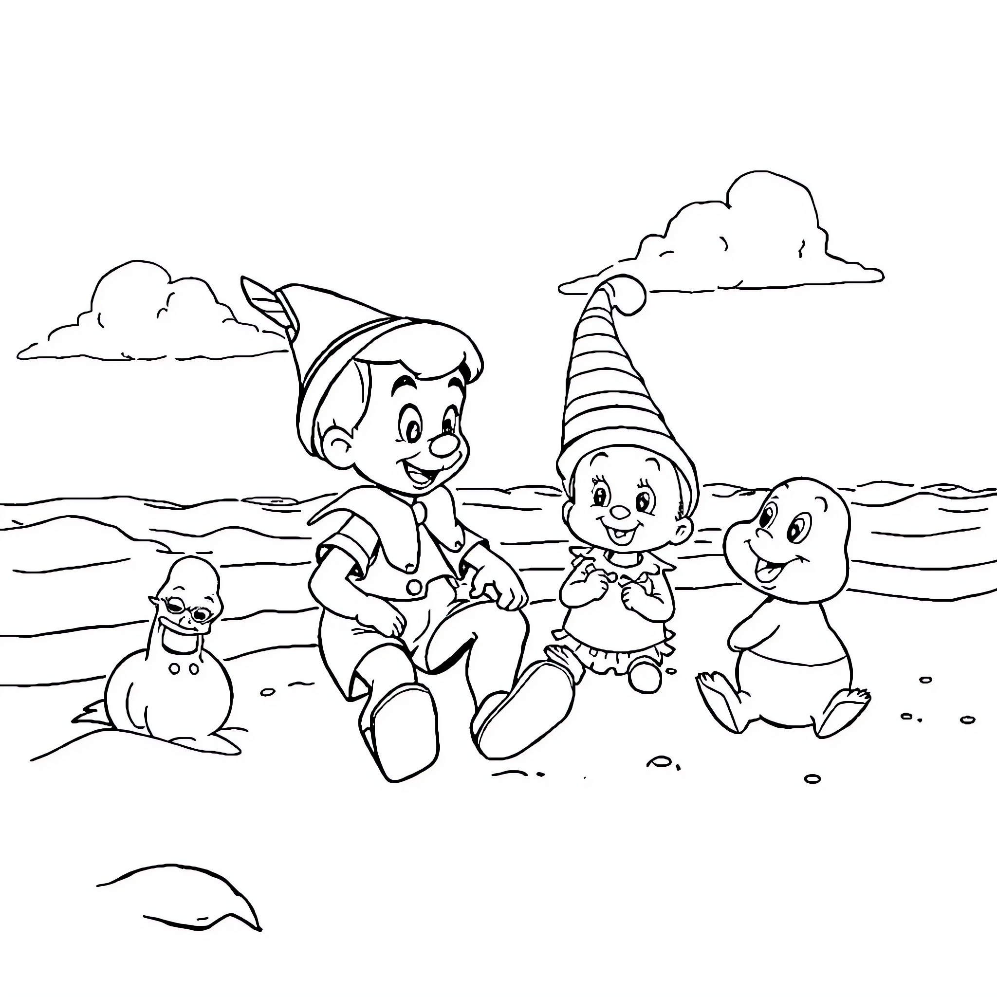 Pinocchio and Friends Explore the Enchanted Landscape Coloring Page (free black-and-white line drawing printable PDF for all, from beginners to advanced learners, including children, teens, adults, and seniors)