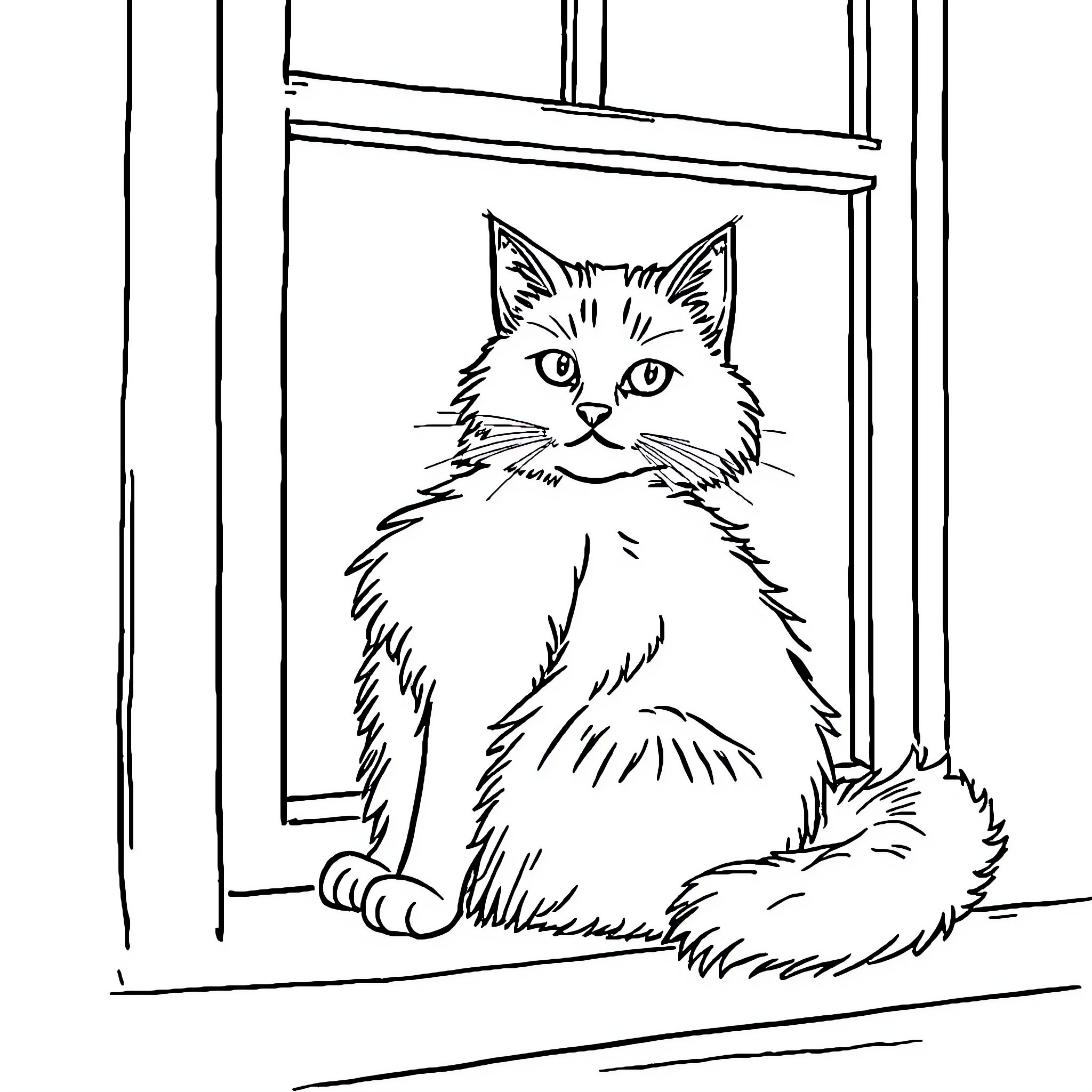 Cat peering through window Coloring Page (free black-and-white line drawing printable PDF for all, from beginners to advanced learners, including children, teens, adults, and seniors)