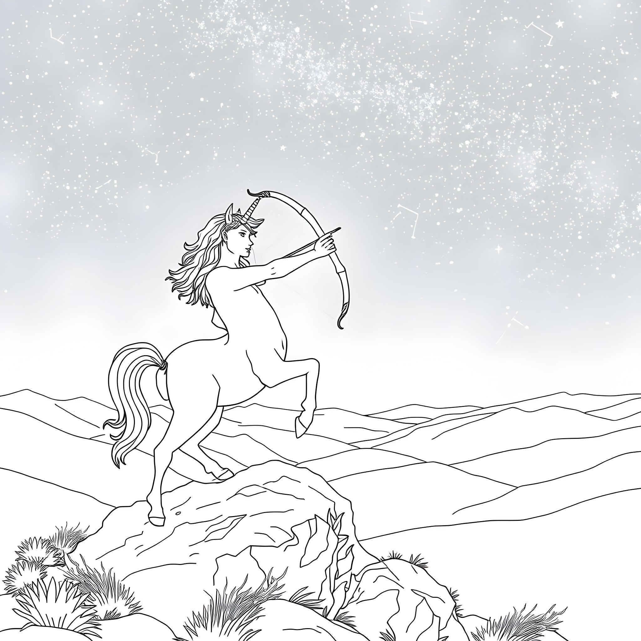 Sagittarius shooting arrows in the snowy landscape Coloring Page (free black-and-white line drawing printable PDF for all, from beginners to advanced learners, including children, teens, adults, and seniors)