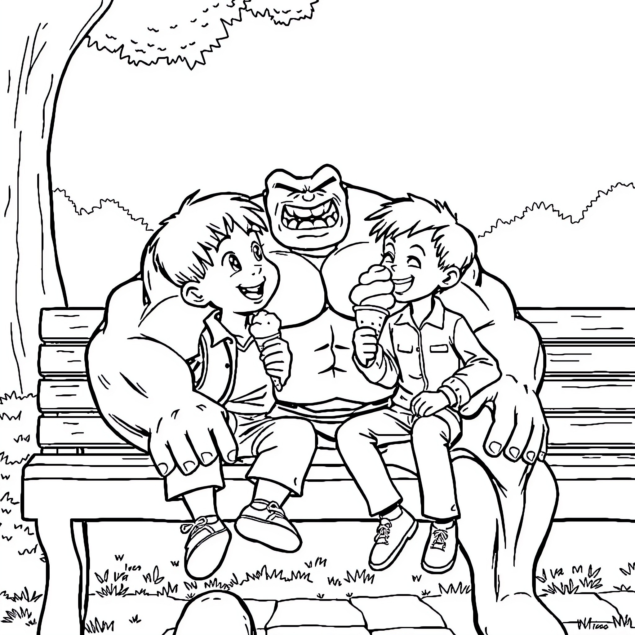 Hulk having a friendly conversation with two boys on a park bench Coloring Page (free black-and-white line drawing printable PDF for all, from beginners to advanced learners, including children, teens, adults, and seniors)