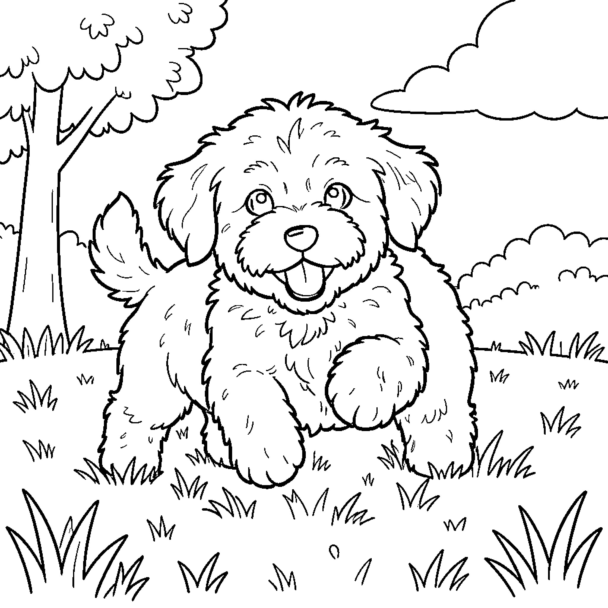 Cavapoo enjoying the outdoors in a scenic landscape Coloring Page (free black-and-white line drawing printable PDF for all, from beginners to advanced learners, including children, teens, adults, and seniors)
