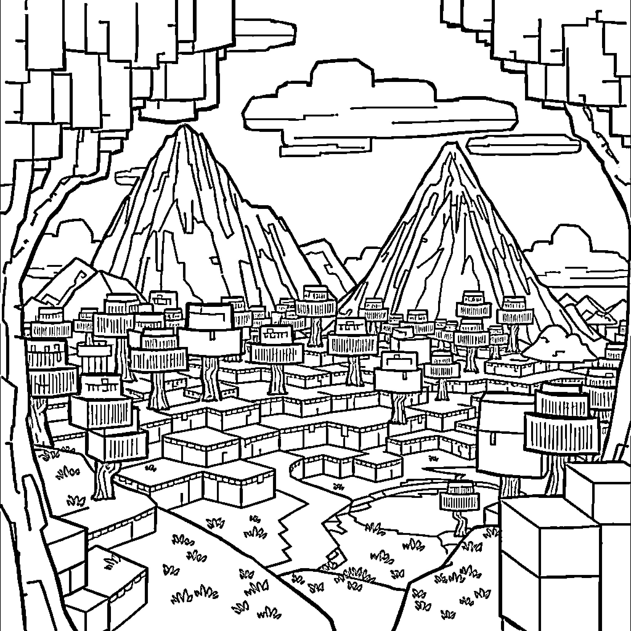 Minecraft Landscape with Mountainous Terrain and Buildings Coloring Page (free black-and-white line drawing printable PDF for all, from beginners to advanced learners, including children, teens, adults, and seniors)