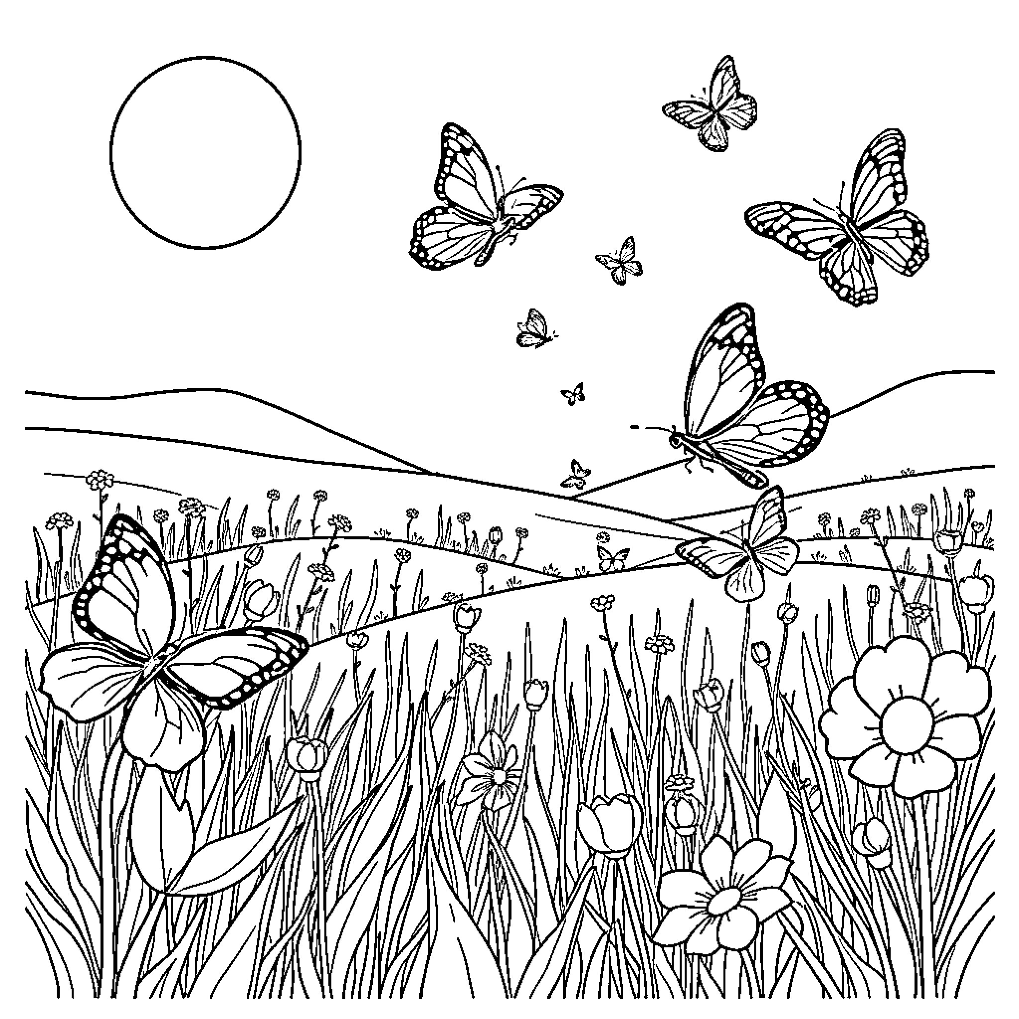 Butterflies in a Whimsical Floral Field Coloring Page (free black-and-white line drawing printable PDF for all, from beginners to advanced learners, including children, teens, adults, and seniors)