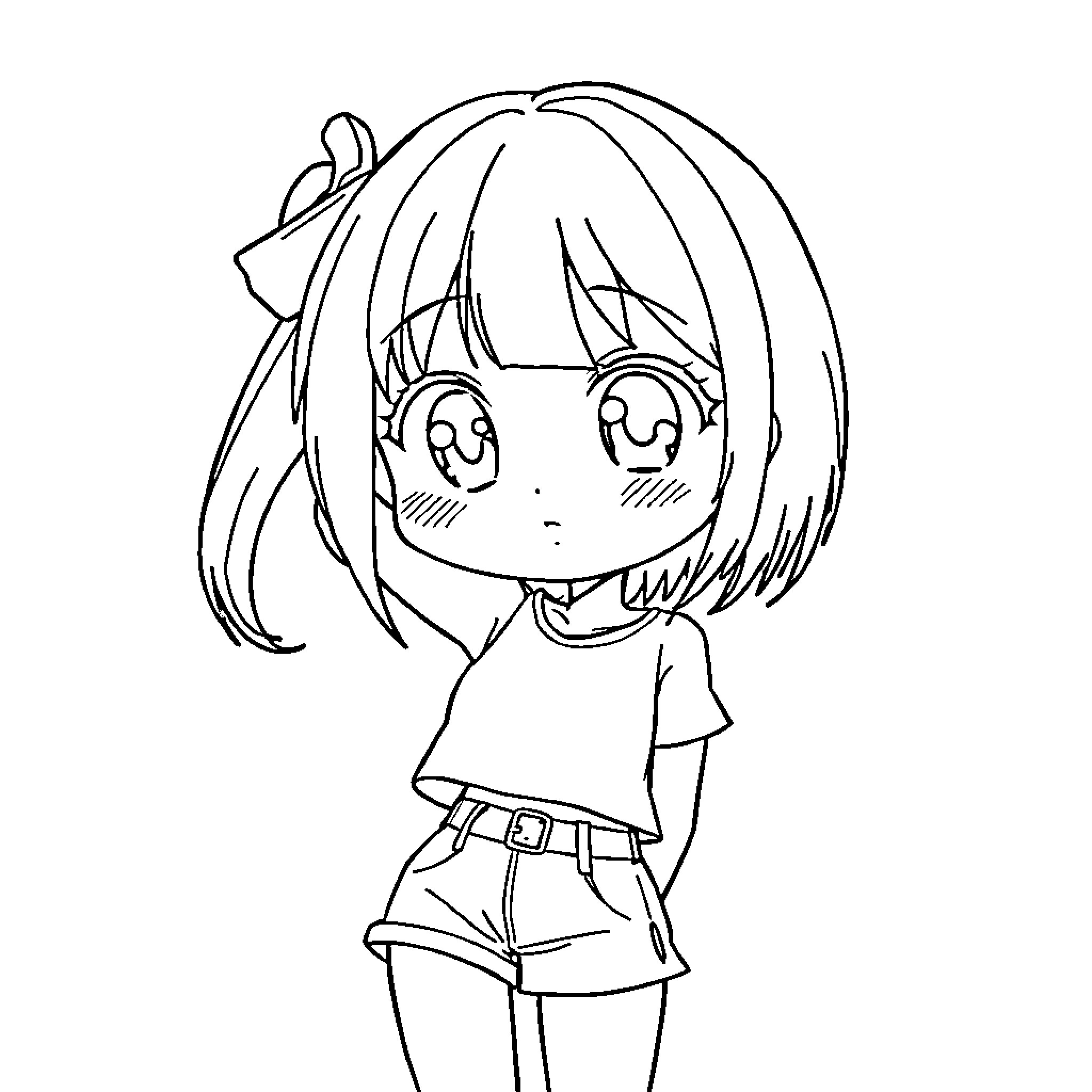 Anime Girl with Cheerful Expression Coloring Page (free black-and-white line drawing printable PDF for all, from beginners to advanced learners, including children, teens, adults, and seniors)
