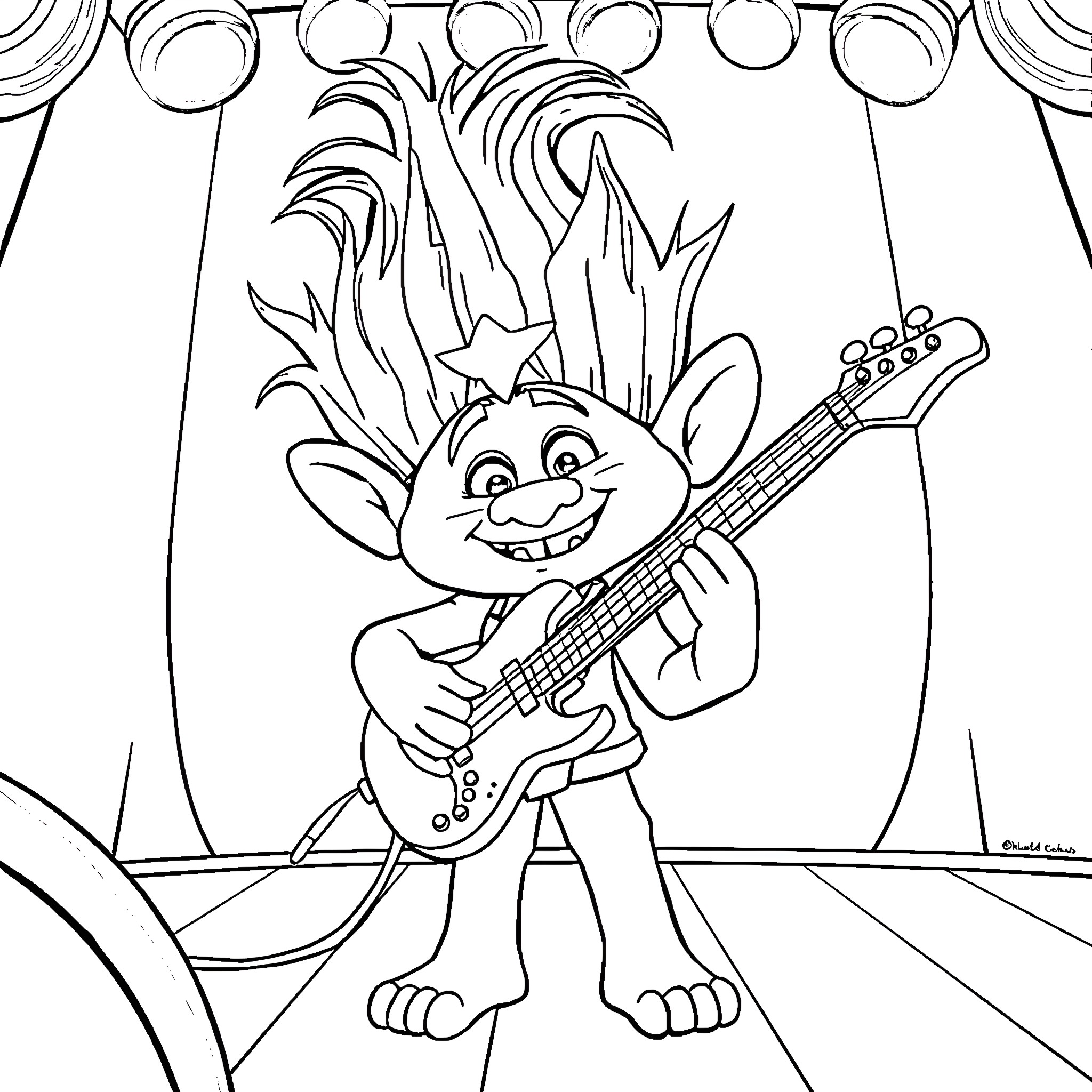 Floyd Plays Guitar Happily on Stage Coloring Page (free black-and-white line drawing printable PDF for all, from beginners to advanced learners, including children, teens, adults, and seniors)