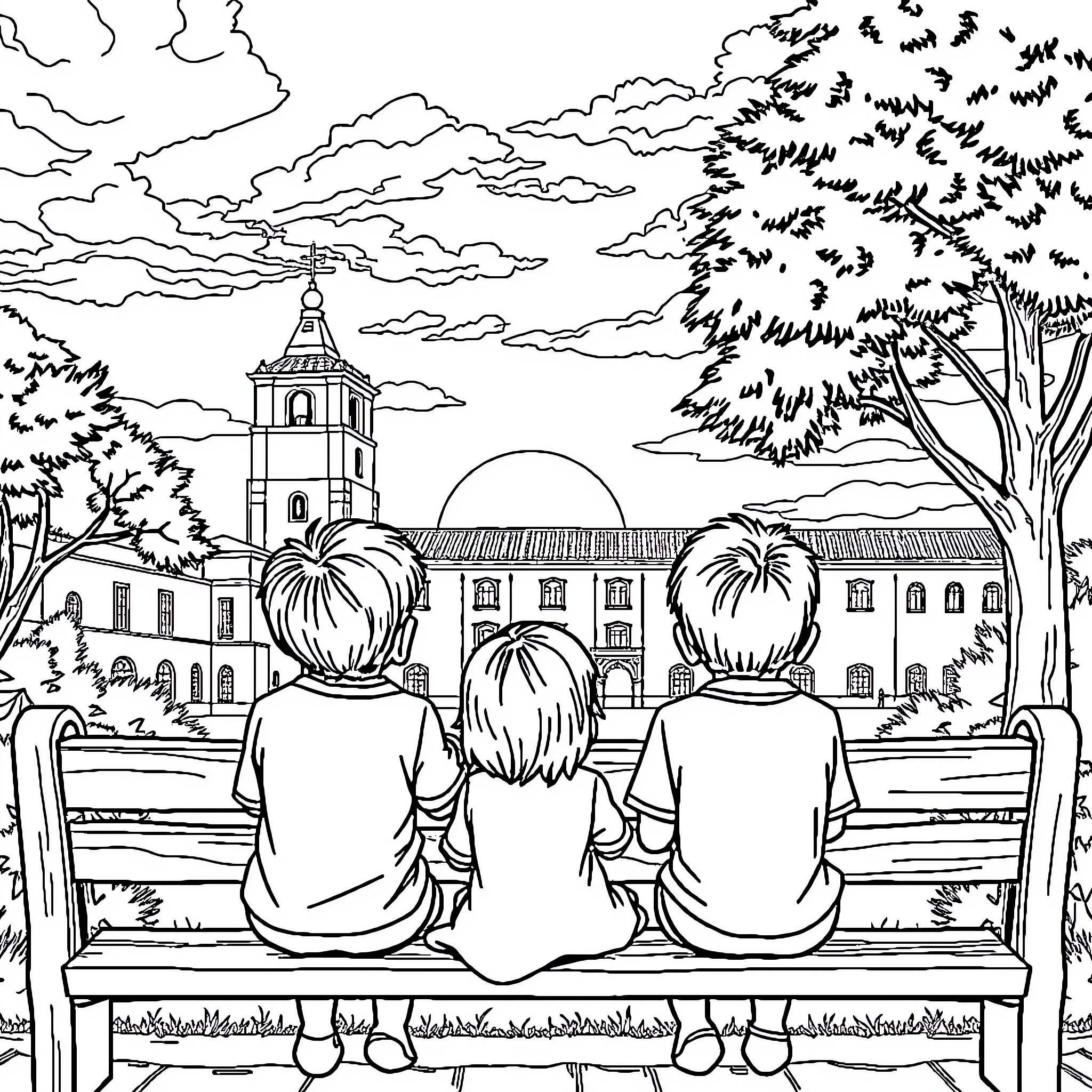 Niños observando el paisaje desde un banco Coloring Page (free black-and-white line drawing printable PDF for all, from beginners to advanced learners, including children, teens, adults, and seniors)