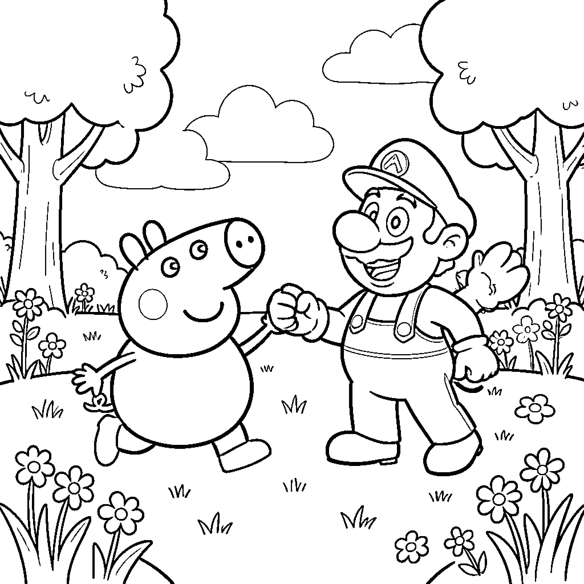 Peppa Pig and plumber friend in the forest Coloring Page (free black-and-white line drawing printable PDF for all, from beginners to advanced learners, including children, teens, adults, and seniors)
