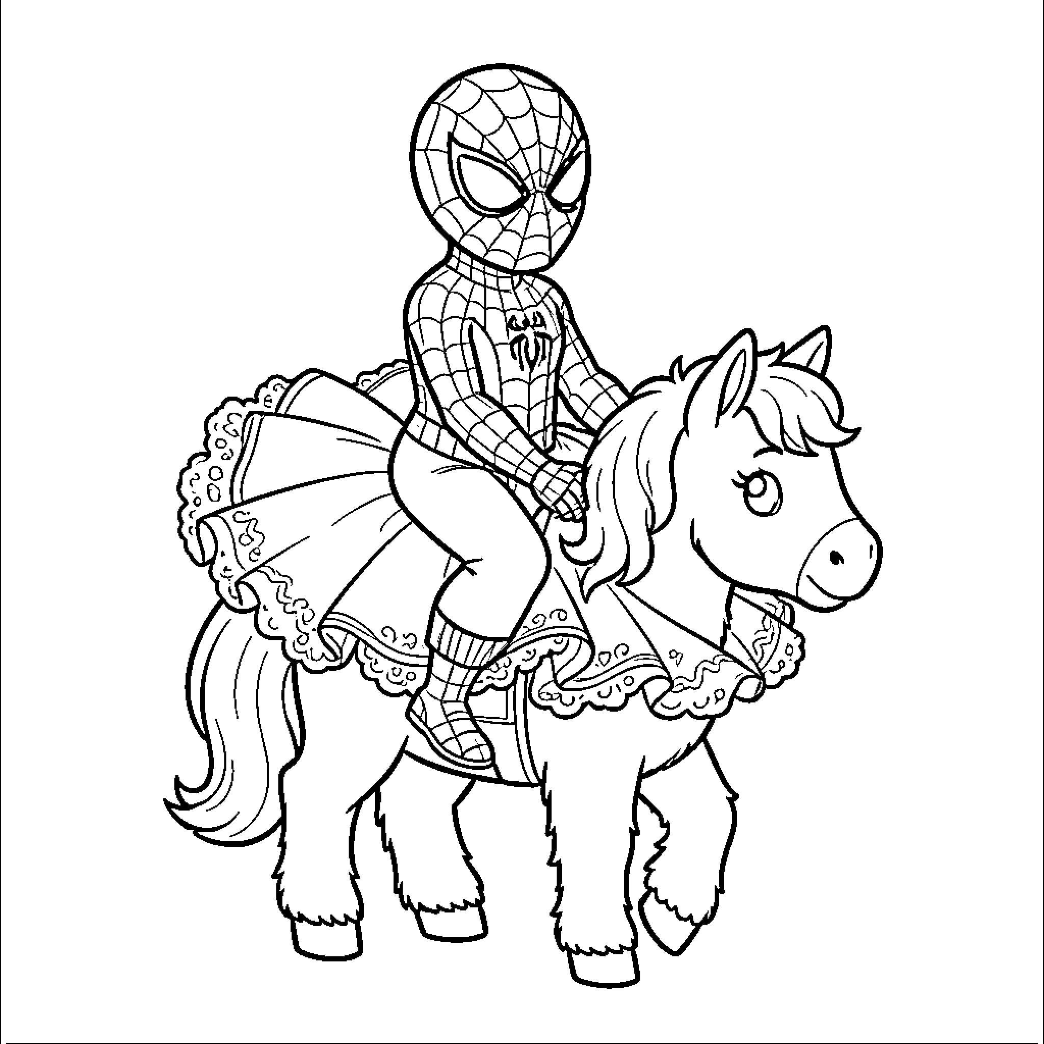 Spiderman riding a pony with decorative costume Coloring Page (free black-and-white line drawing printable PDF for all, from beginners to advanced learners, including children, teens, adults, and seniors)
