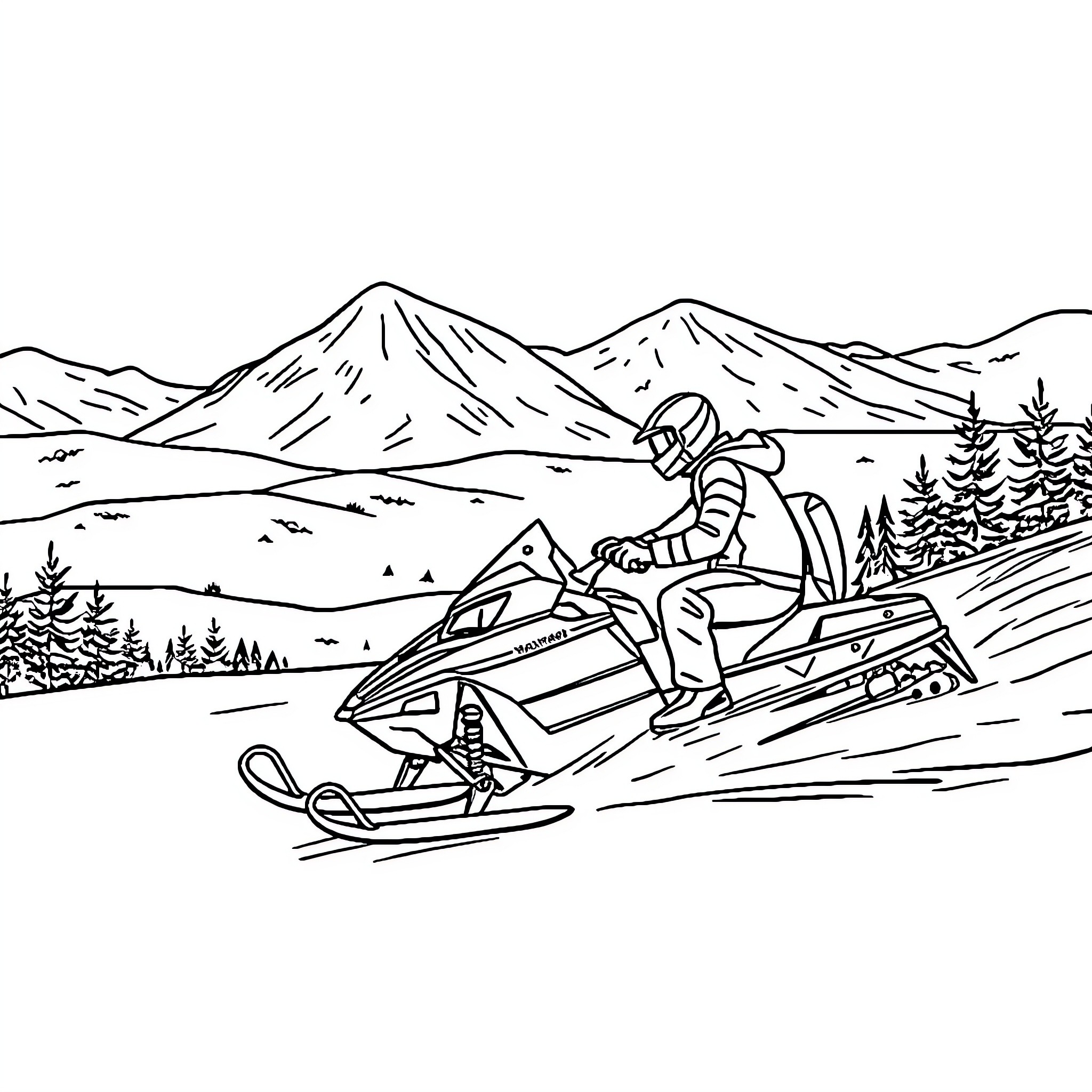 Snowmobile racing through snowy mountains Coloring Page (free black-and-white line drawing printable PDF for all, from beginners to advanced learners, including children, teens, adults, and seniors)