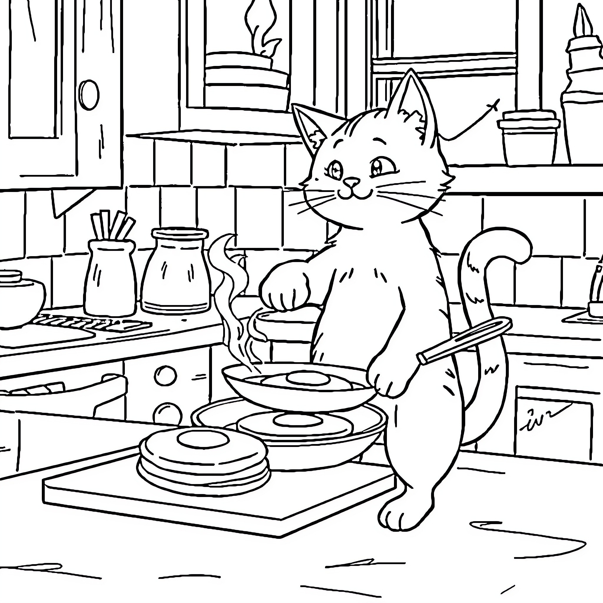 Cat exploring the kitchen Coloring Page (free black-and-white line drawing printable PDF for all, from beginners to advanced learners, including children, teens, adults, and seniors)