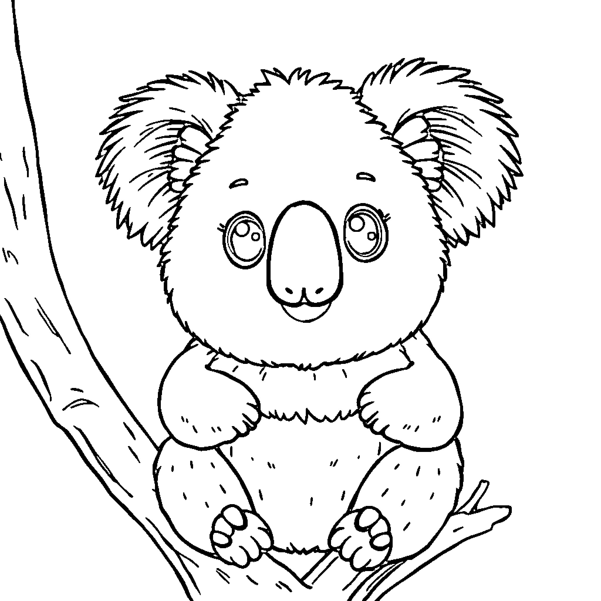 Koala resting peacefully on tree branch Coloring Page (free black-and-white line drawing printable PDF for all, from beginners to advanced learners, including children, teens, adults, and seniors)