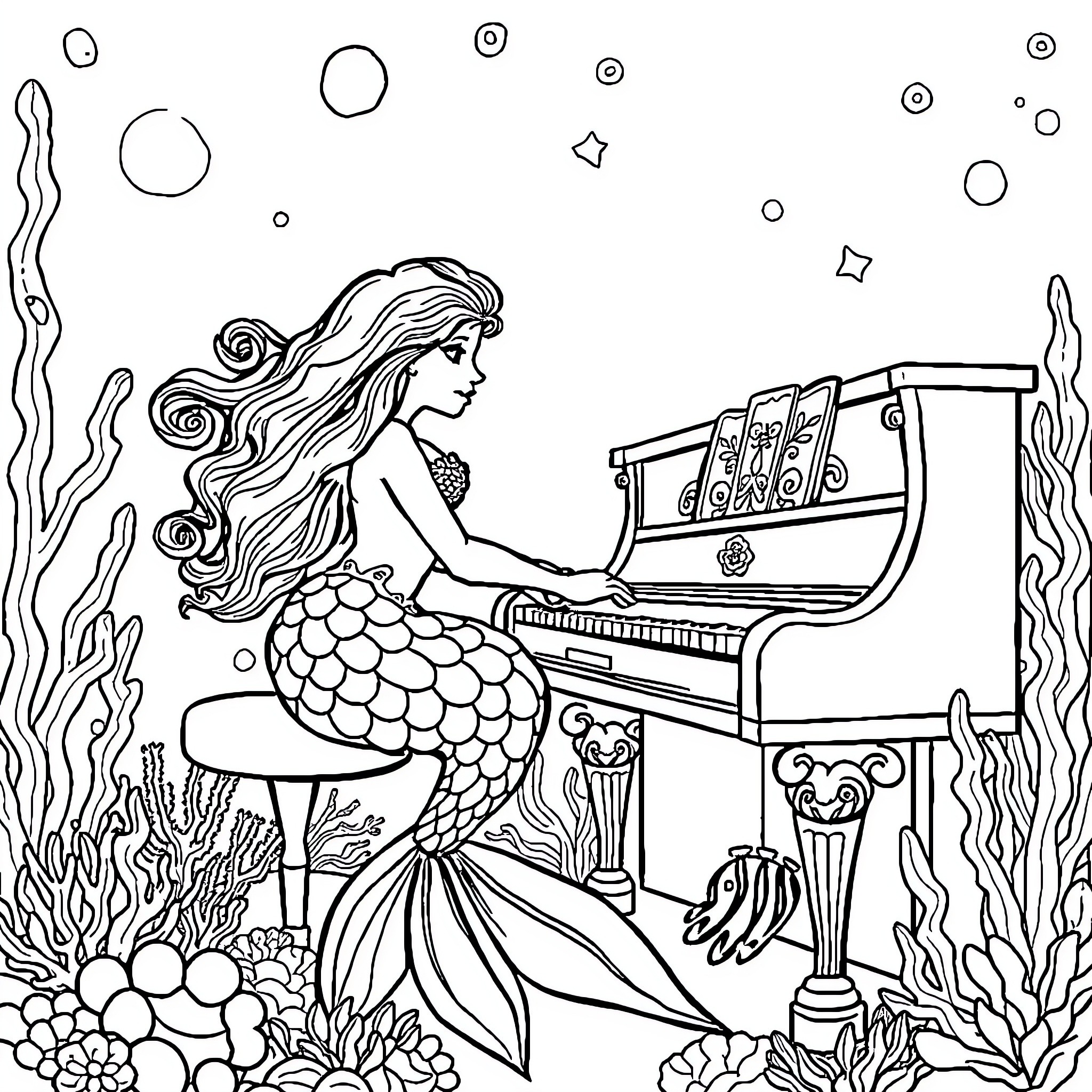 Mermaid playing piano under the sea Coloring Page (free black-and-white line drawing printable PDF for all, from beginners to advanced learners, including children, teens, adults, and seniors)