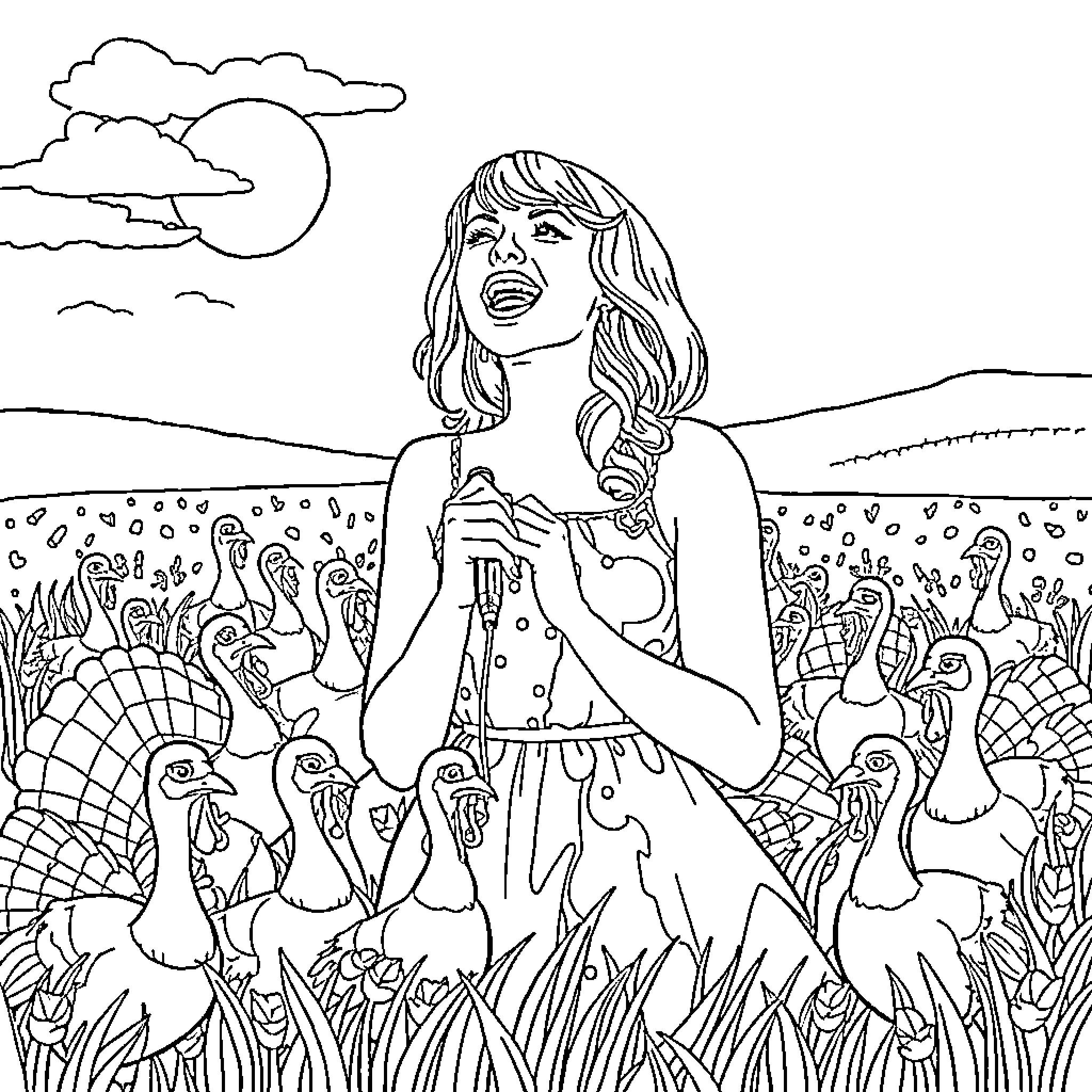 Turkey Celebrating Thanksgiving with Festive Turkeys Coloring Page (free black-and-white line drawing printable PDF for all, from beginners to advanced learners, including children, teens, adults, and seniors)