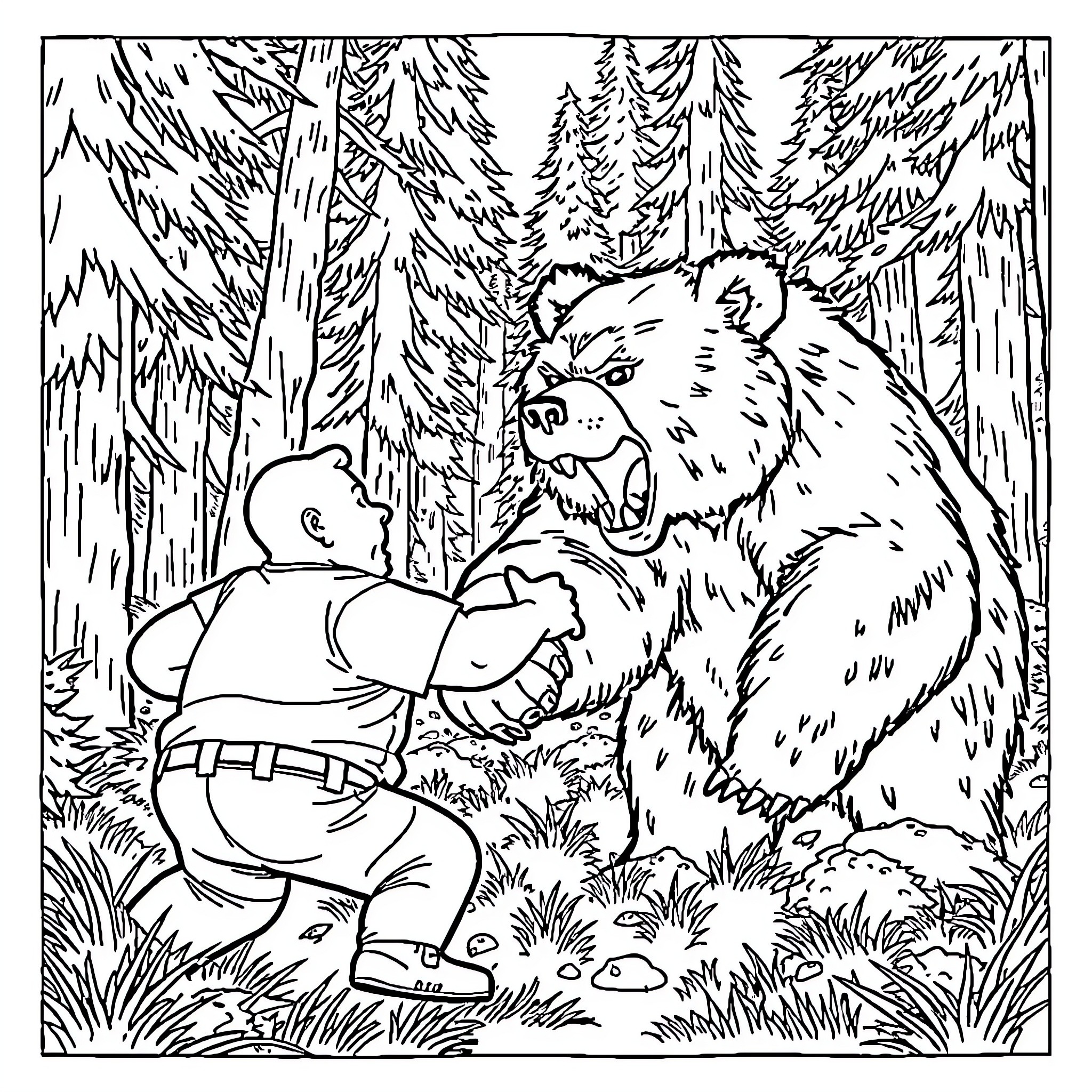 Bobby Hill encounters a fierce bear in the forest Coloring Page (free black-and-white line drawing printable PDF for all, from beginners to advanced learners, including children, teens, adults, and seniors)