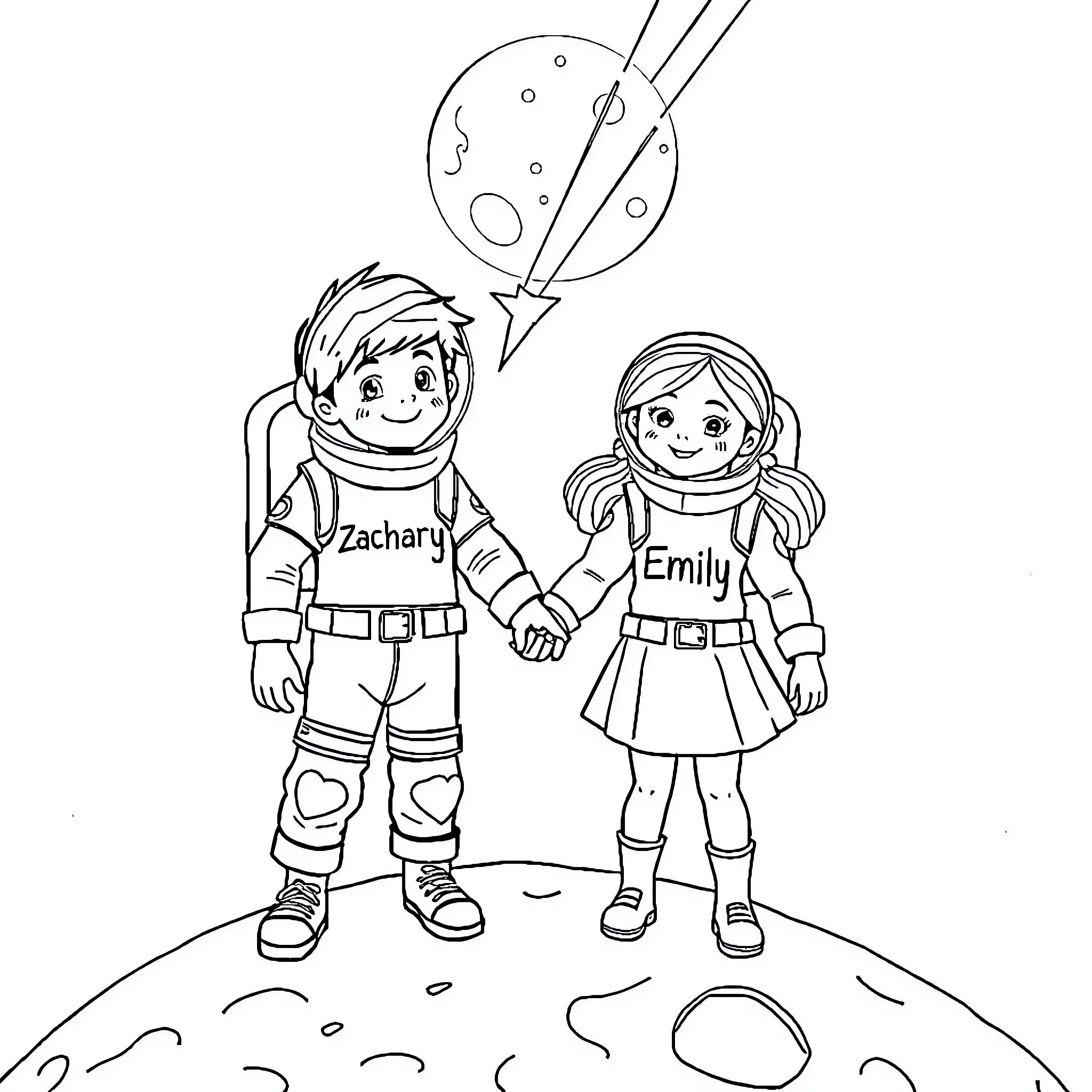 Boy and Girl Exploring Outer Space Together Coloring Page (free black-and-white line drawing printable PDF for all, from beginners to advanced learners, including children, teens, adults, and seniors)