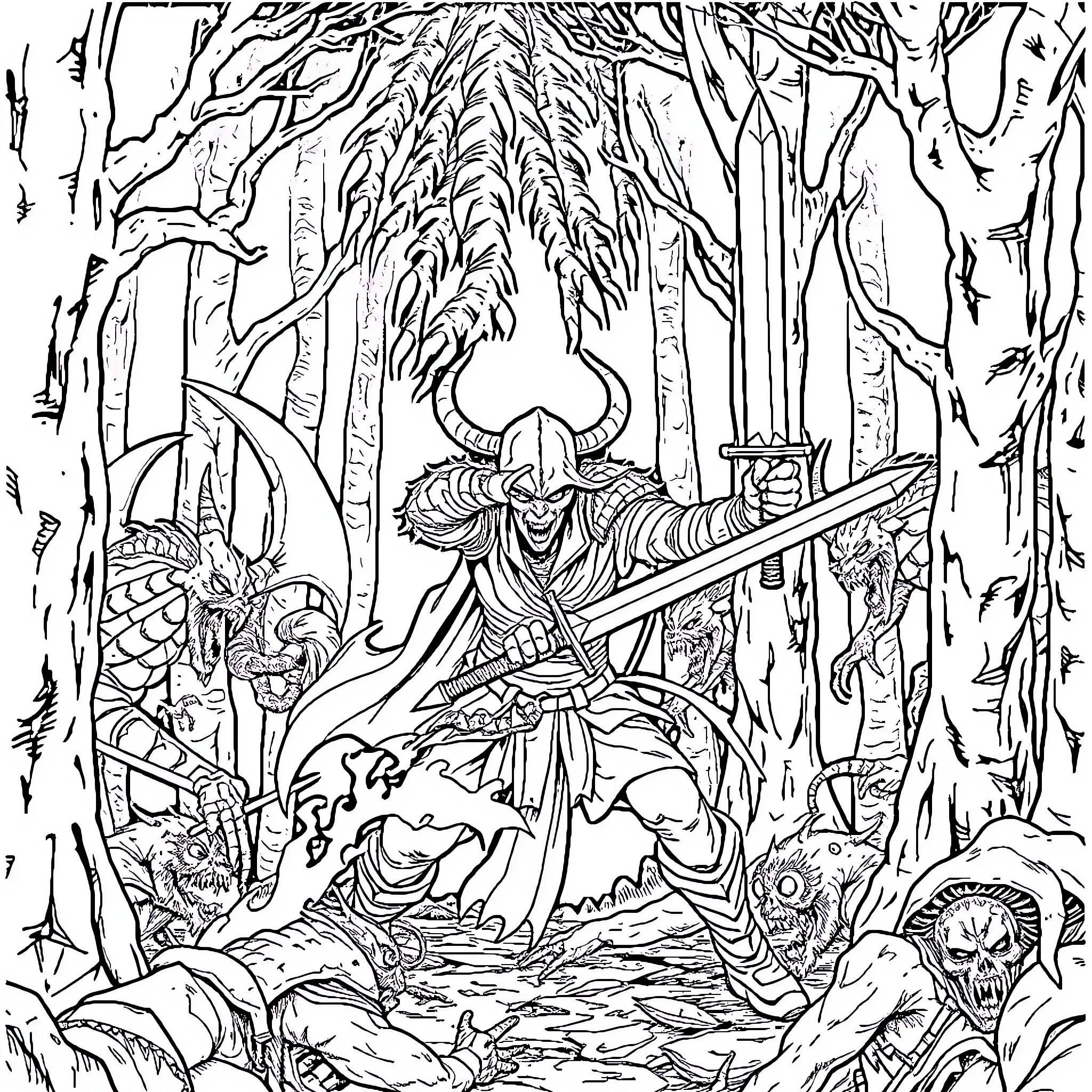 Demon Slayer Warrior Battling Fearsome Creatures in Mystical Forest Coloring Page (free black-and-white line drawing printable PDF for all, from beginners to advanced learners, including children, teens, adults, and seniors)