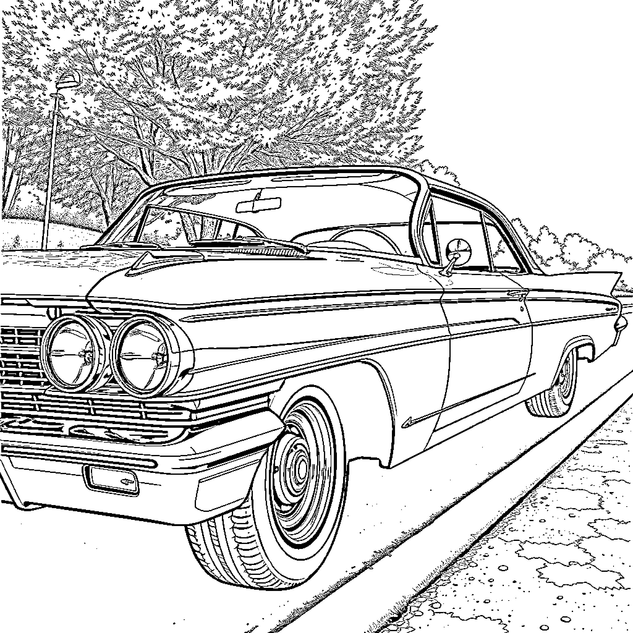 Oldsmobile classic car on the road through the woods Coloring Page (free black-and-white line drawing printable PDF for all, from beginners to advanced learners, including children, teens, adults, and seniors)