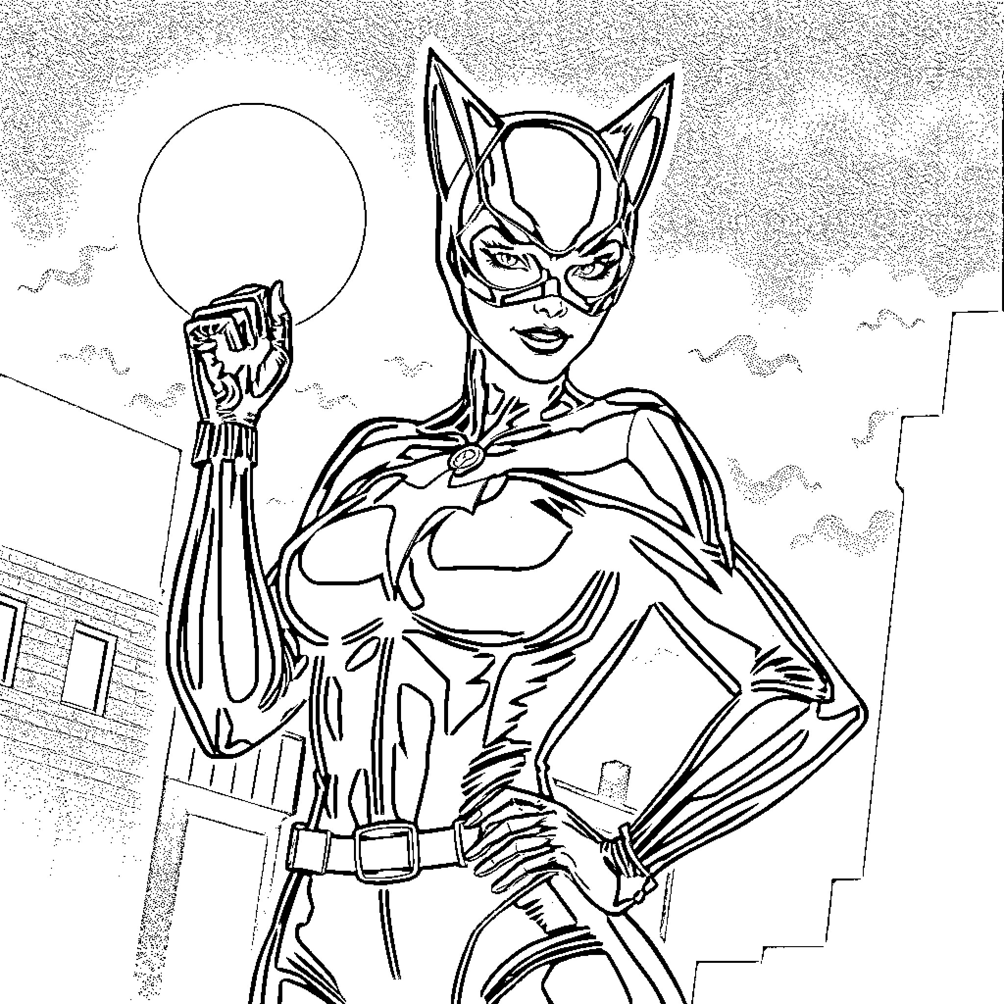 Catwoman posing with confidence in the city Coloring Page (free black-and-white line drawing printable PDF for all, from beginners to advanced learners, including children, teens, adults, and seniors)