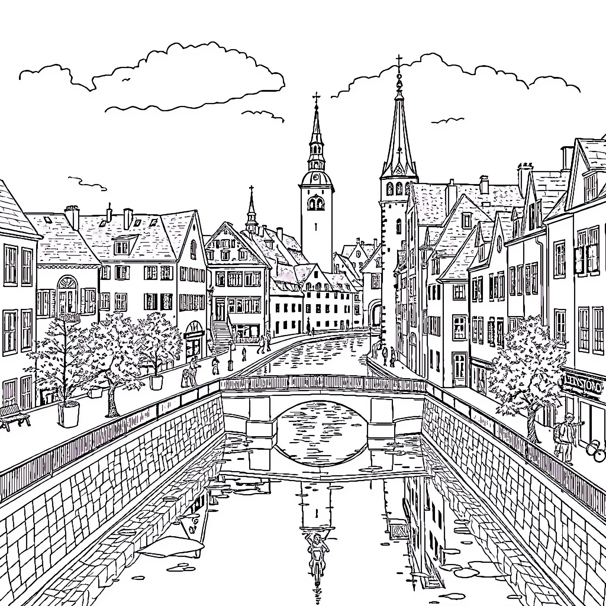 Strasbourg cityscape with historic architecture and canal Coloring Page (free black-and-white line drawing printable PDF for all, from beginners to advanced learners, including children, teens, adults, and seniors)
