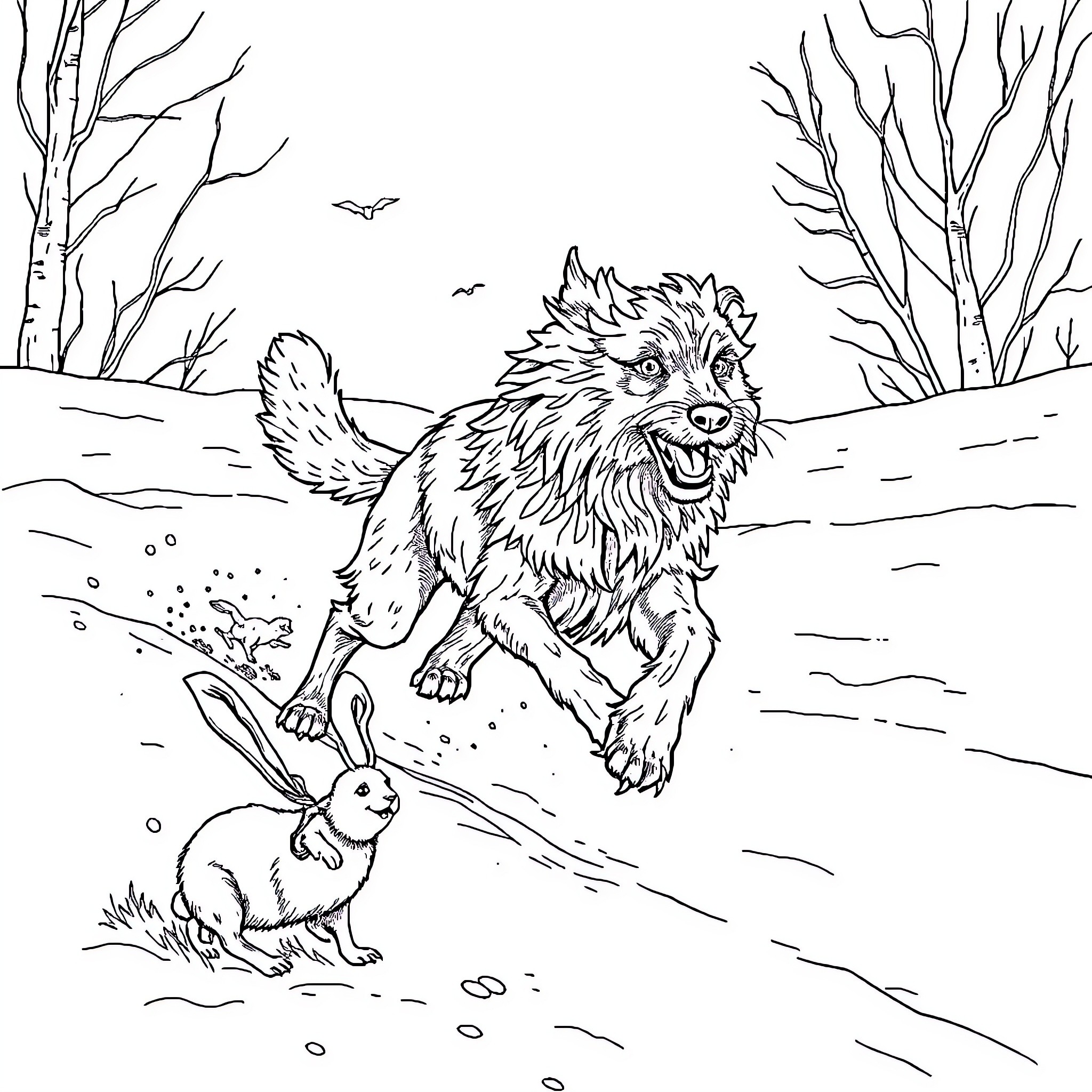 Wire Haired Pointing Griffon chasing rabbit in winter landscape Coloring Page (free black-and-white line drawing printable PDF for all, from beginners to advanced learners, including children, teens, adults, and seniors)