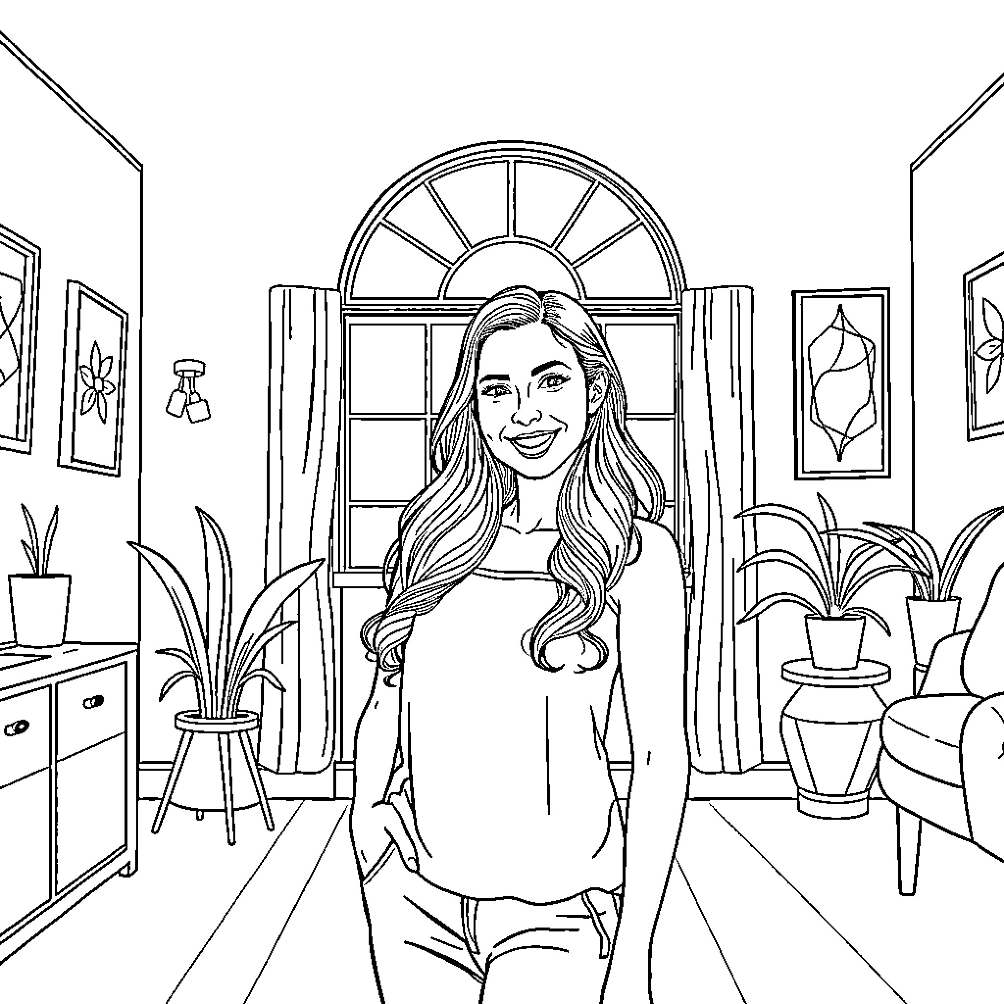 Alexandria Vera smiling happily in cozy home setting Coloring Page (free black-and-white line drawing printable PDF for all, from beginners to advanced learners, including children, teens, adults, and seniors)