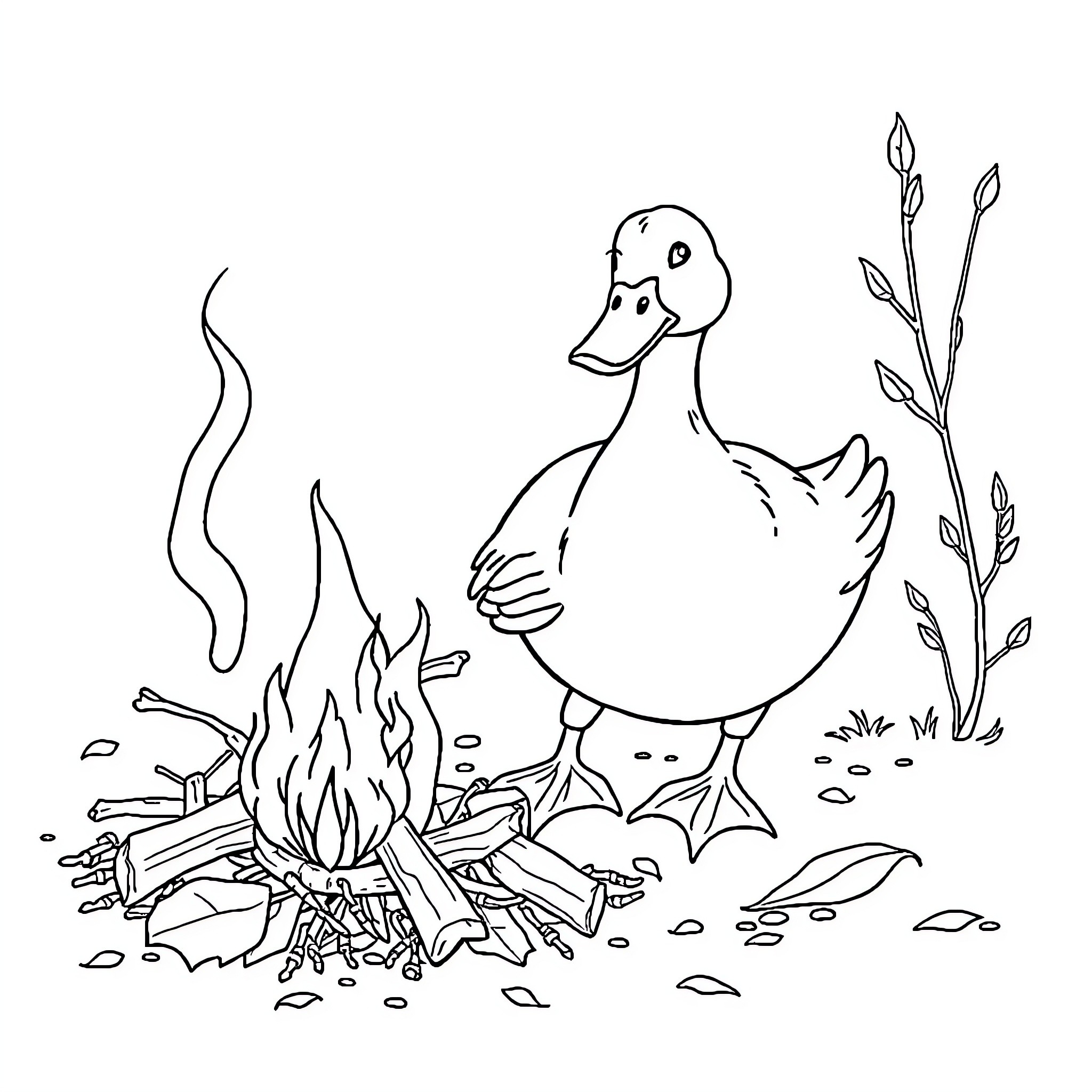 Duck warming itself by the fire Coloring Page (free black-and-white line drawing printable PDF for all, from beginners to advanced learners, including children, teens, adults, and seniors)