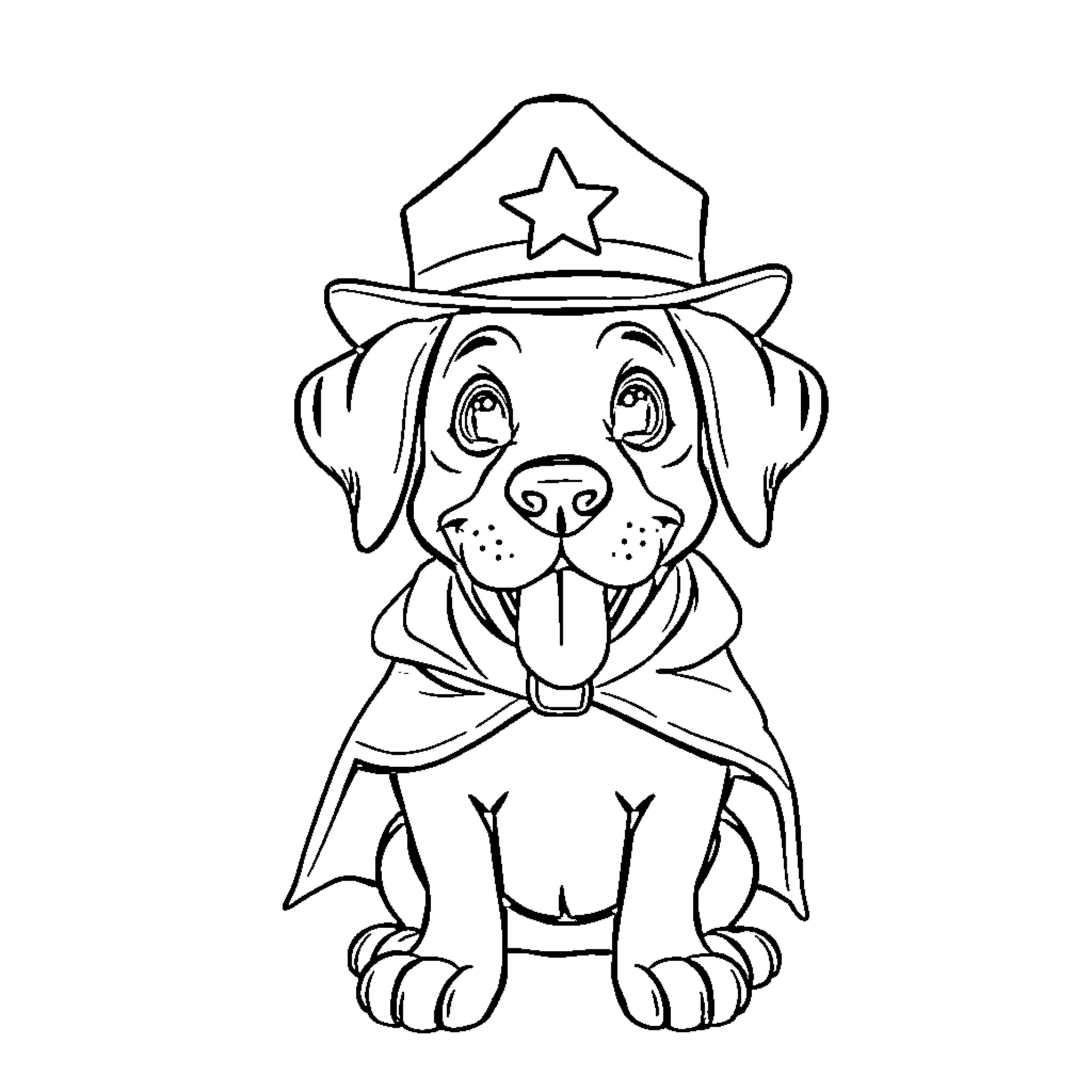 Sheriff Labrador posing with a friendly smile Coloring Page (free black-and-white line drawing printable PDF for all, from beginners to advanced learners, including children, teens, adults, and seniors)