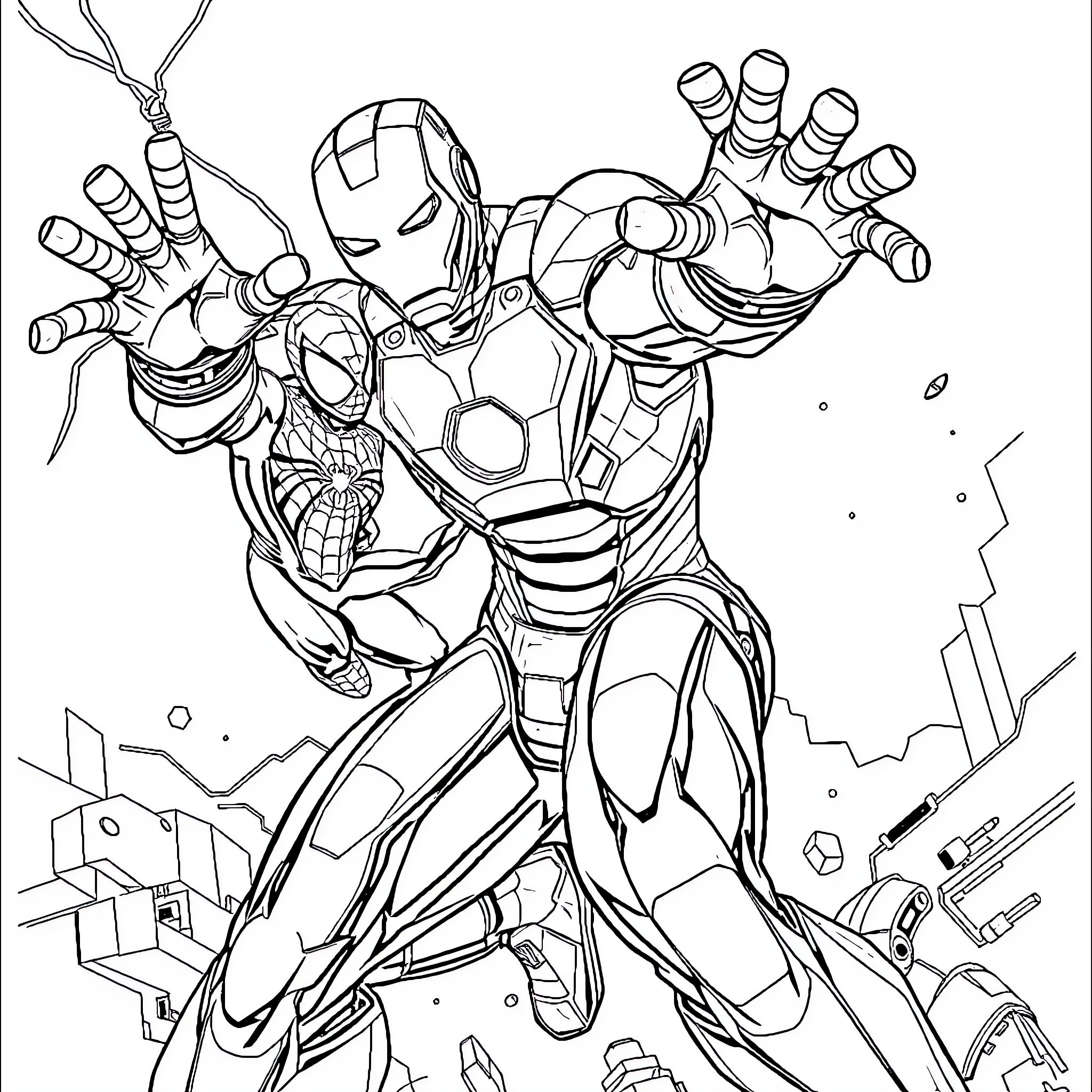 Iron Man's Heroic Pose Amidst Cityscape Coloring Page (free black-and-white line drawing printable PDF for all, from beginners to advanced learners, including children, teens, adults, and seniors)