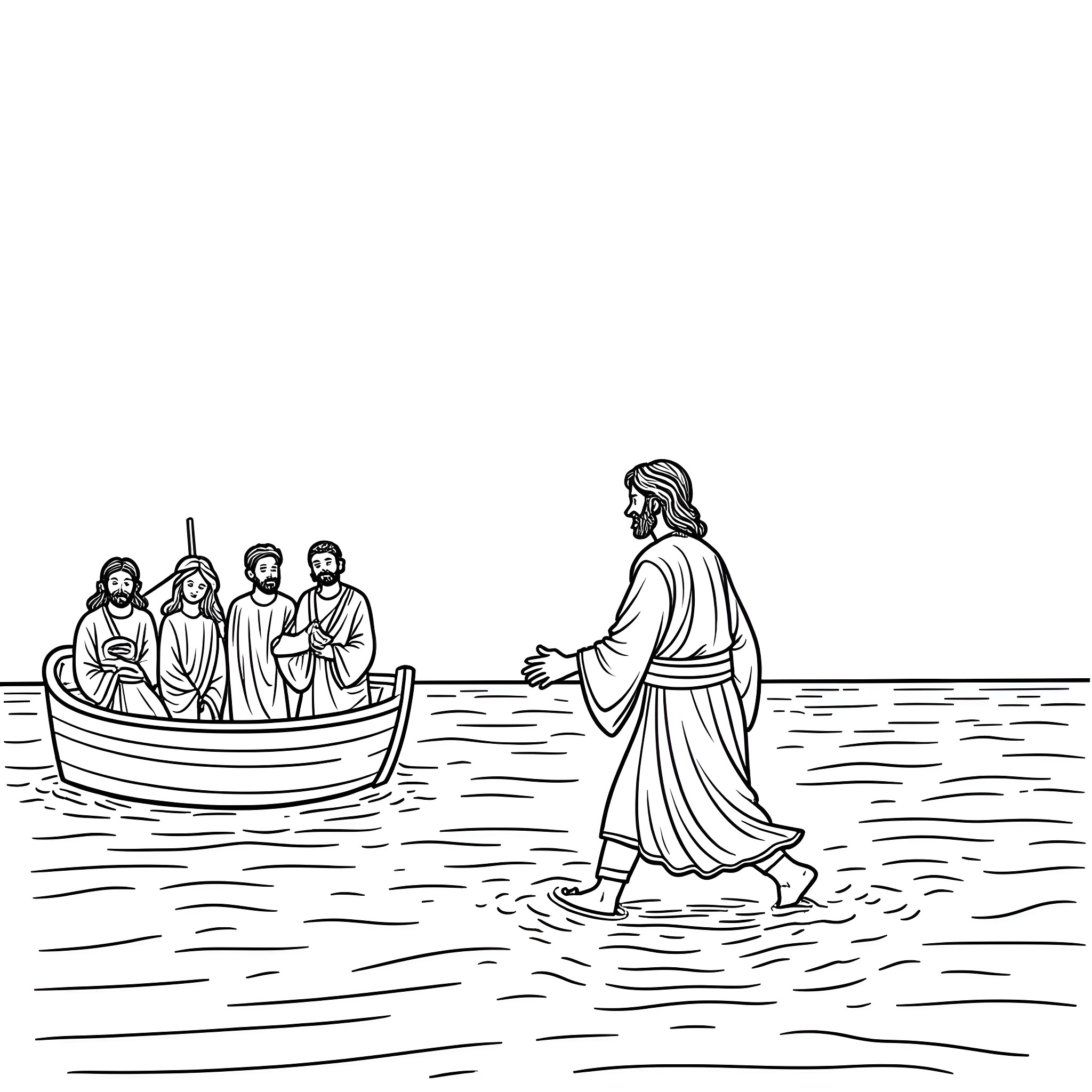 Jesus Walks on Water with Disciples in the Boat Coloring Page (free black-and-white line drawing printable PDF for all, from beginners to advanced learners, including children, teens, adults, and seniors)