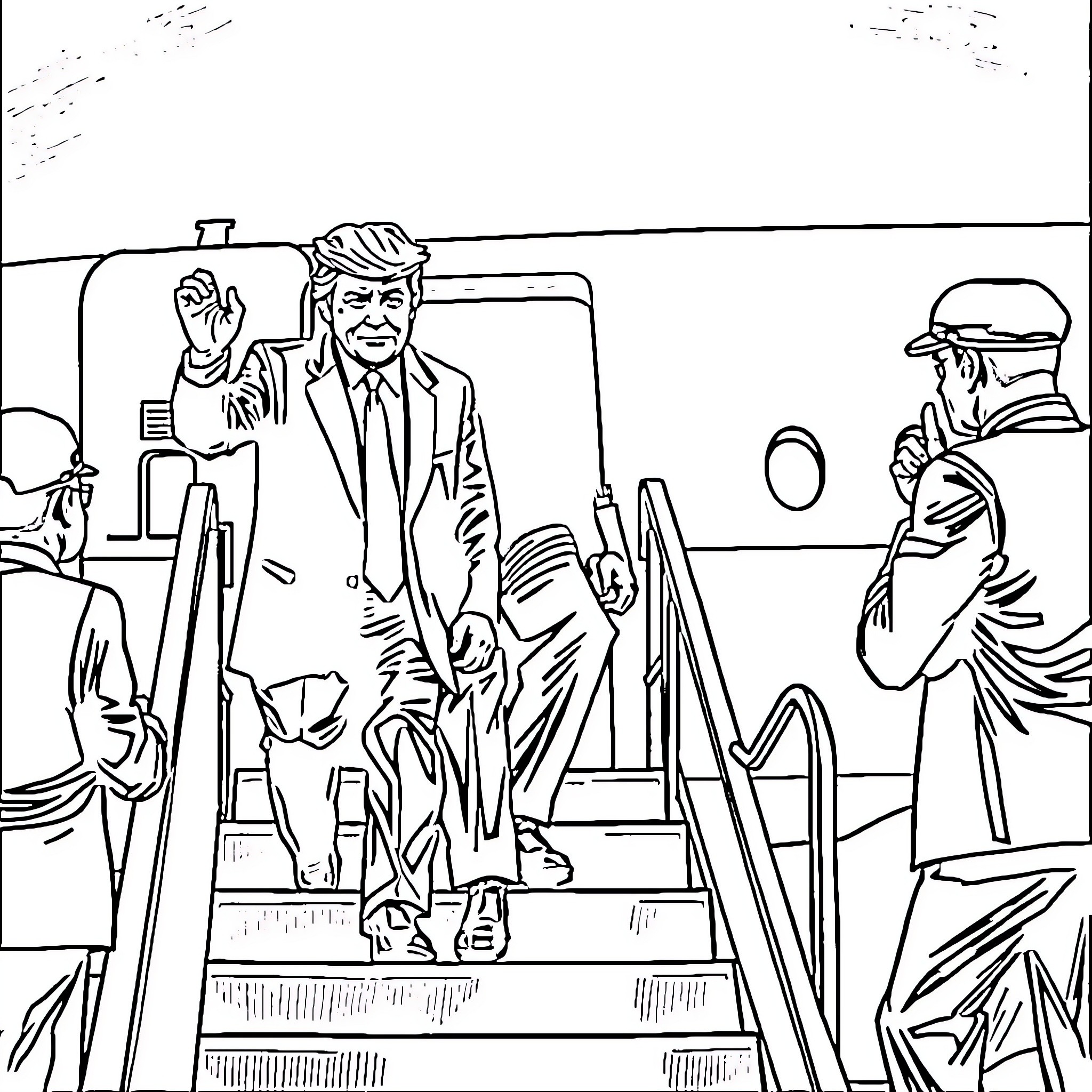 Donald Trump Waving and Posing on a Podium Coloring Page (free black-and-white line drawing printable PDF for all, from beginners to advanced learners, including children, teens, adults, and seniors)