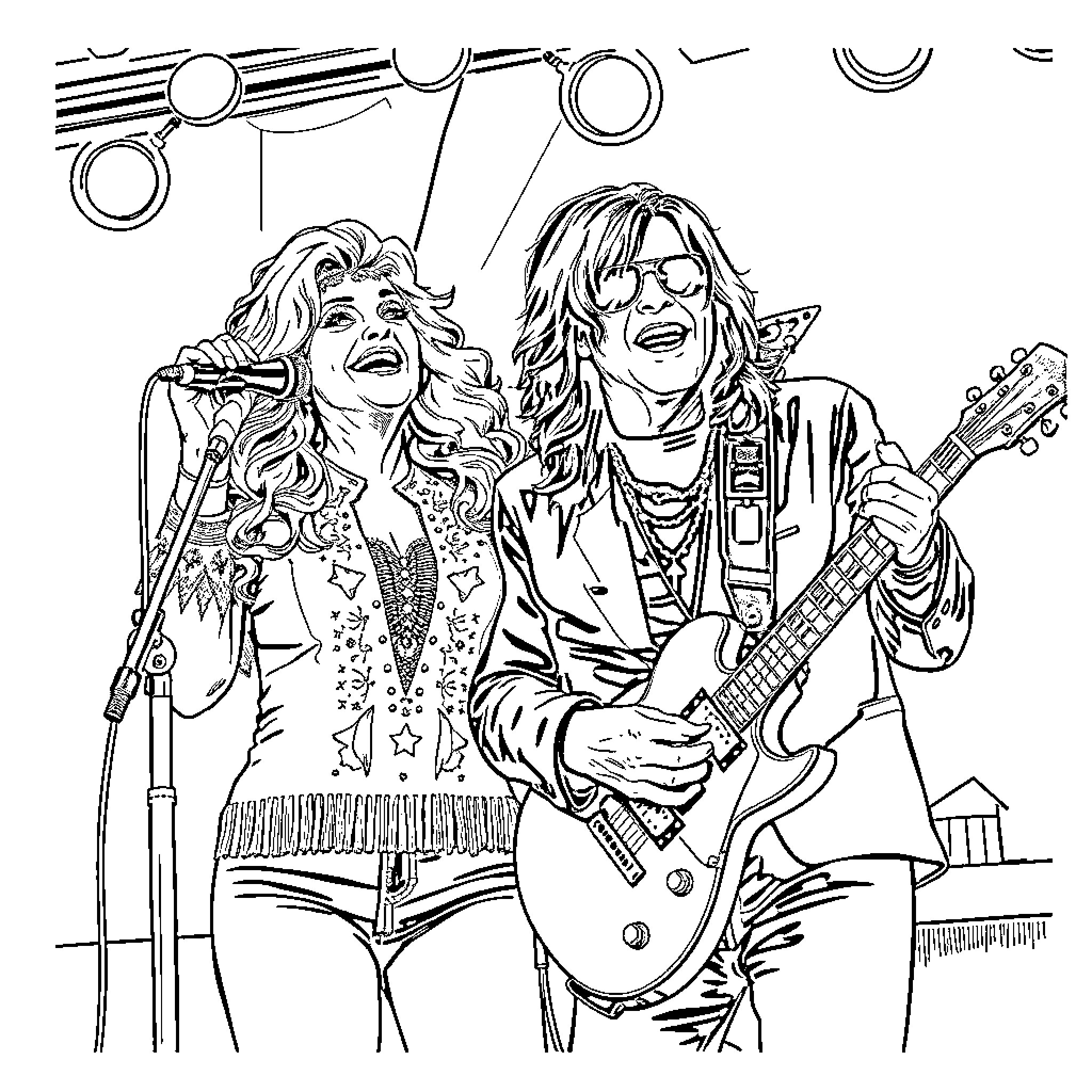 Ozzy's Rock n' Roll Duo Performing on Stage Coloring Page (free black-and-white line drawing printable PDF for all, from beginners to advanced learners, including children, teens, adults, and seniors)