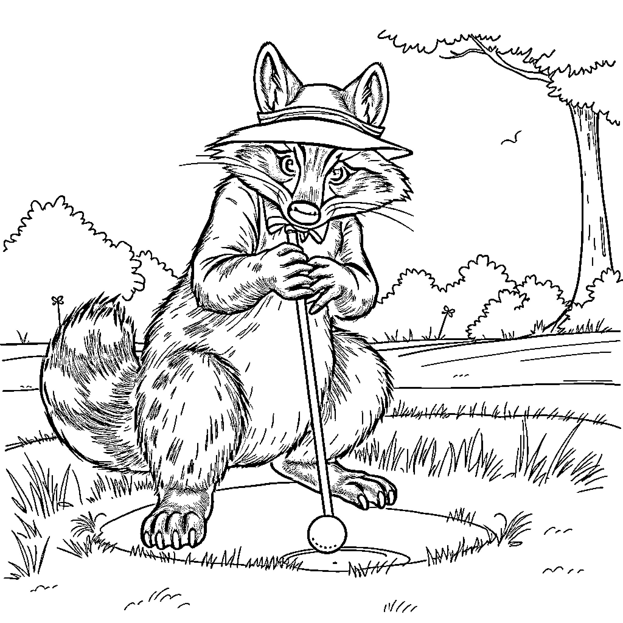 Golfer raccoon playing on the course Coloring Page (free black-and-white line drawing printable PDF for all, from beginners to advanced learners, including children, teens, adults, and seniors)