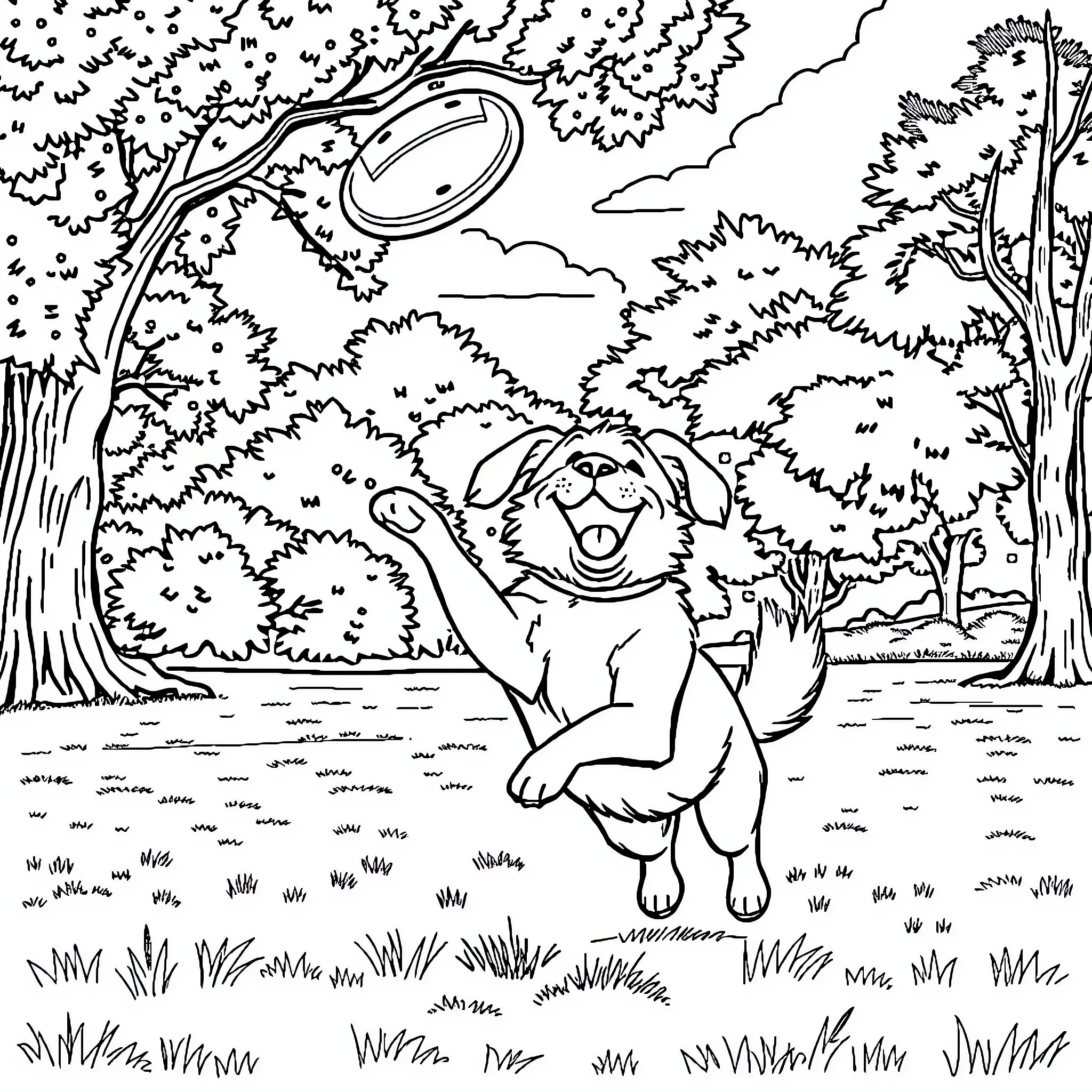 Dog catching Frisbee in the park Coloring Page (free black-and-white line drawing printable PDF for all, from beginners to advanced learners, including children, teens, adults, and seniors)