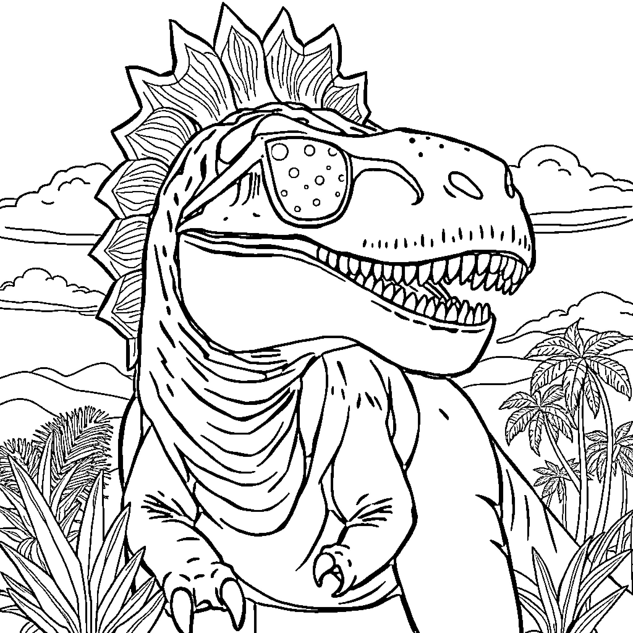 Dinosaur with Majestic Crest in Prehistoric Landscape Coloring Page (free black-and-white line drawing printable PDF for all, from beginners to advanced learners, including children, teens, adults, and seniors)