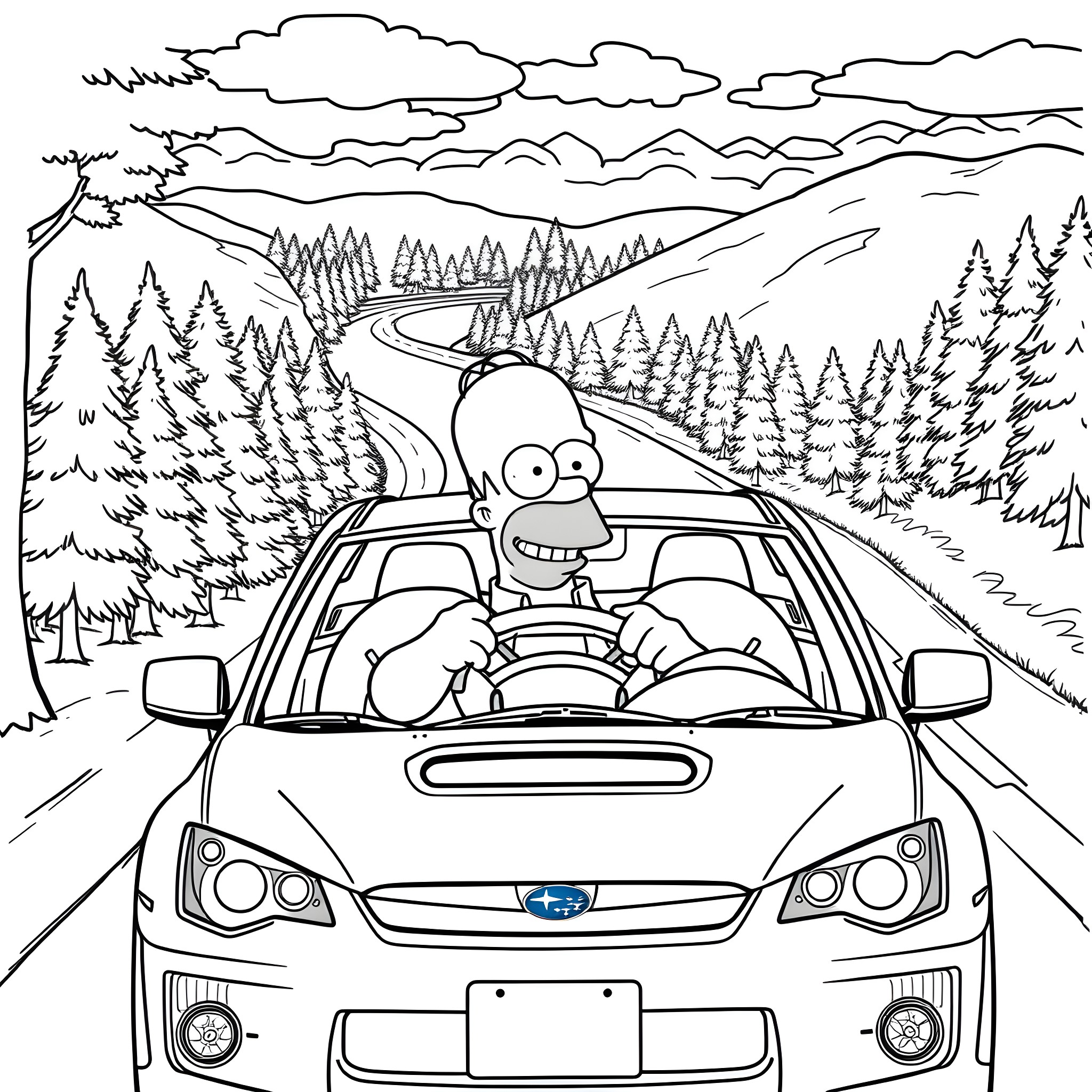 Homer Simpson taking a road trip through the countryside Coloring Page (free black-and-white line drawing printable PDF for all, from beginners to advanced learners, including children, teens, adults, and seniors)