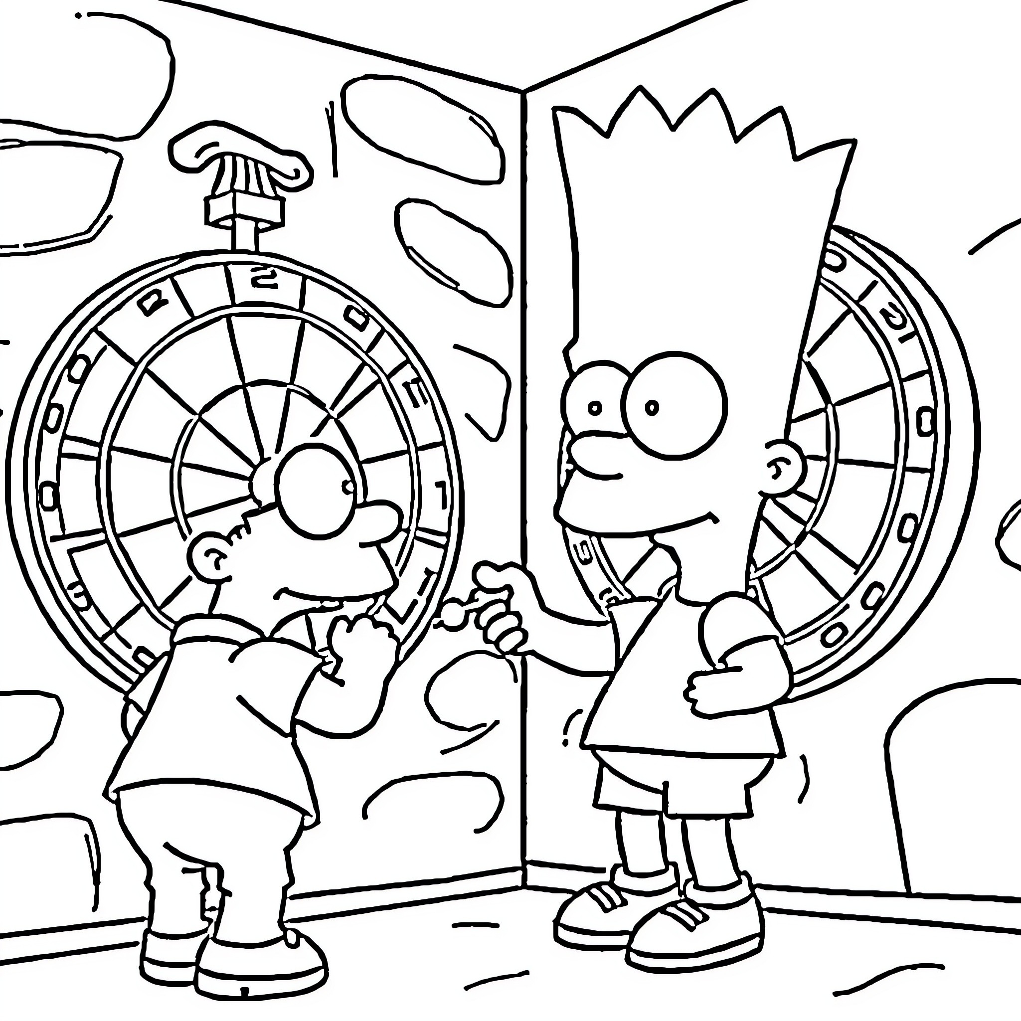 Bart Simpson playing darts with friends Coloring Page (free black-and-white line drawing printable PDF for all, from beginners to advanced learners, including children, teens, adults, and seniors)