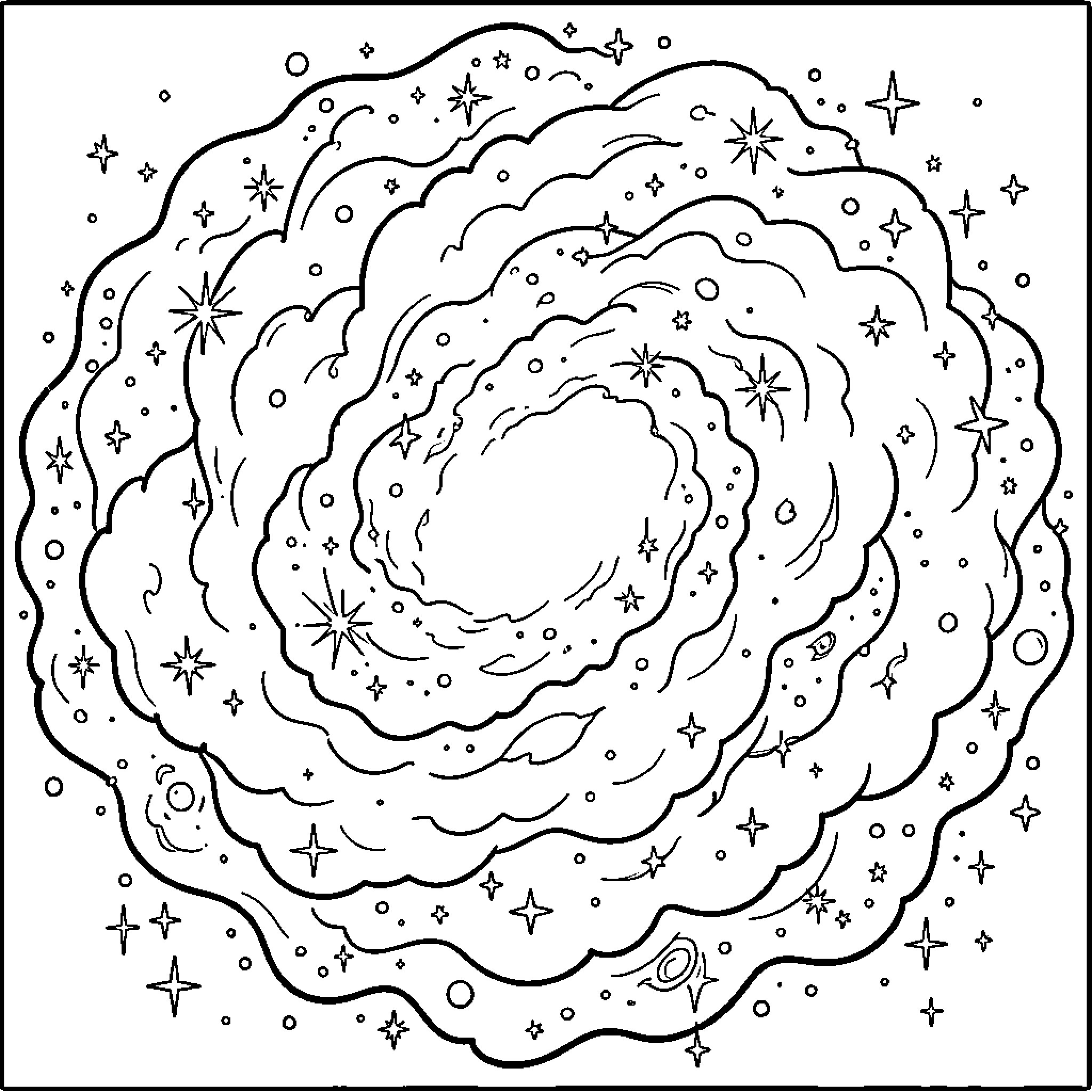 Nebula of Swirling Stars and Cosmic Patterns Coloring Page (free black-and-white line drawing printable PDF for all, from beginners to advanced learners, including children, teens, adults, and seniors)