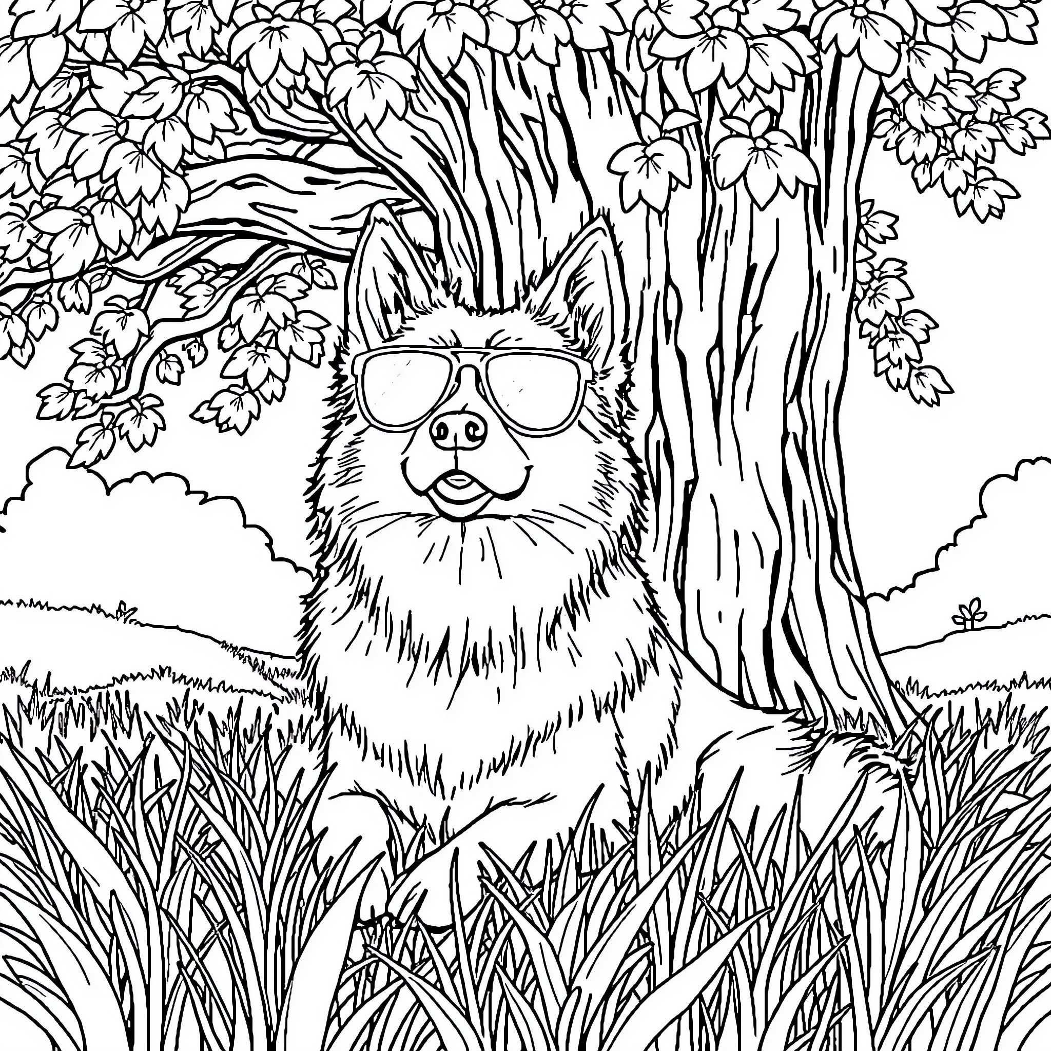 Pomeranian enjoying the outdoors in nature Coloring Page (free black-and-white line drawing printable PDF for all, from beginners to advanced learners, including children, teens, adults, and seniors)