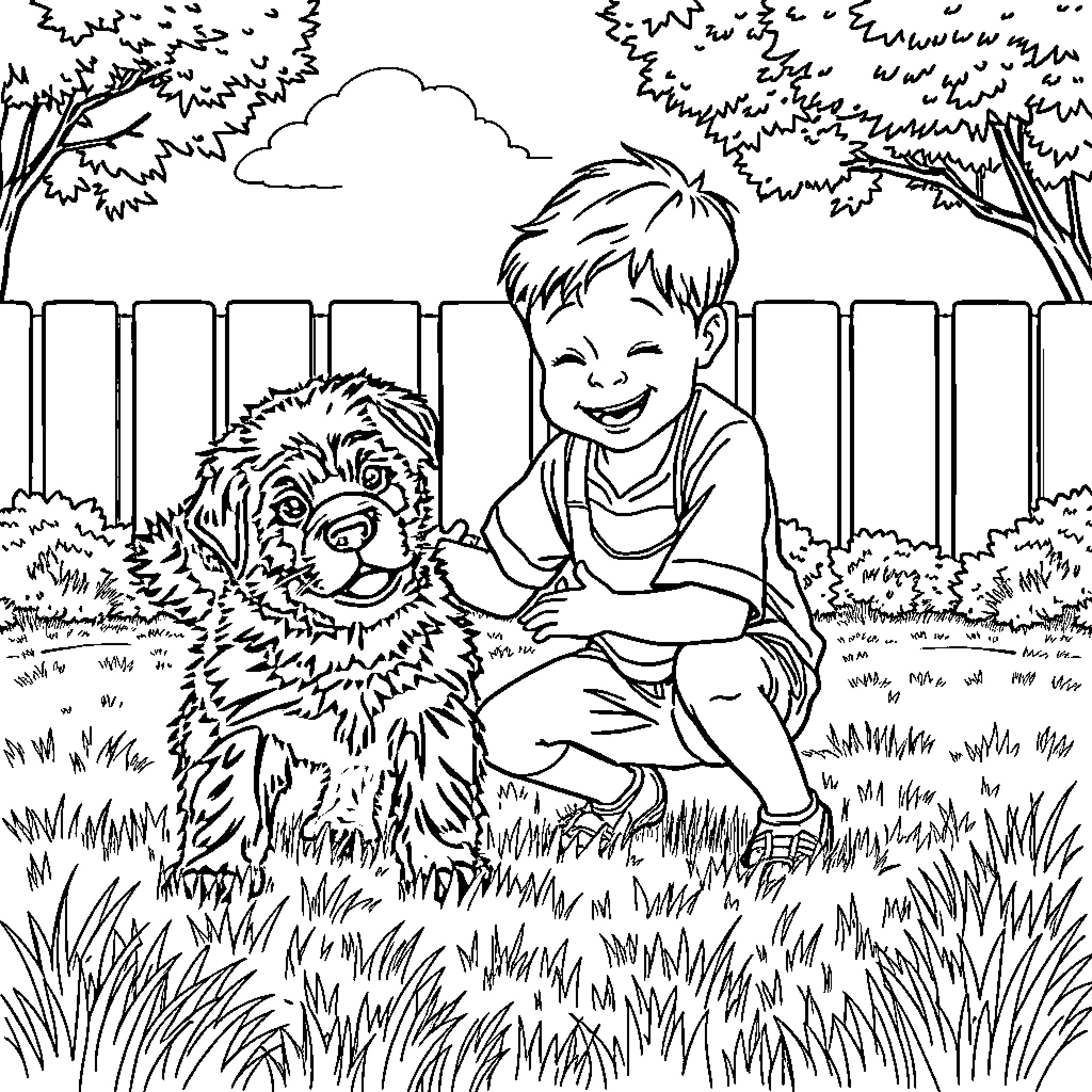 Puppy and child playing together in the backyard Coloring Page (free black-and-white line drawing printable PDF for all, from beginners to advanced learners, including children, teens, adults, and seniors)