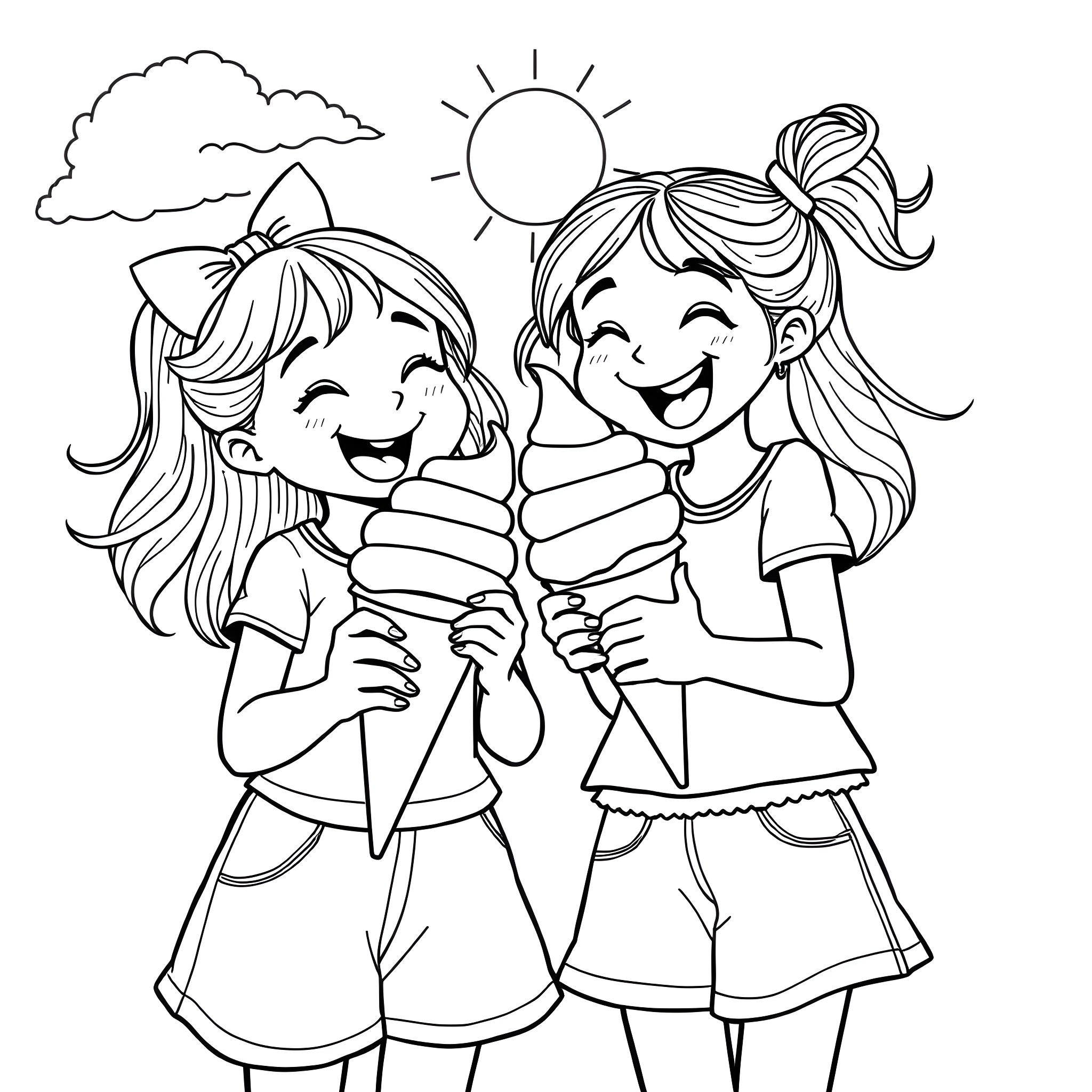Girls playing happily together in the sun Coloring Page (free black-and-white line drawing printable PDF for all, from beginners to advanced learners, including children, teens, adults, and seniors)