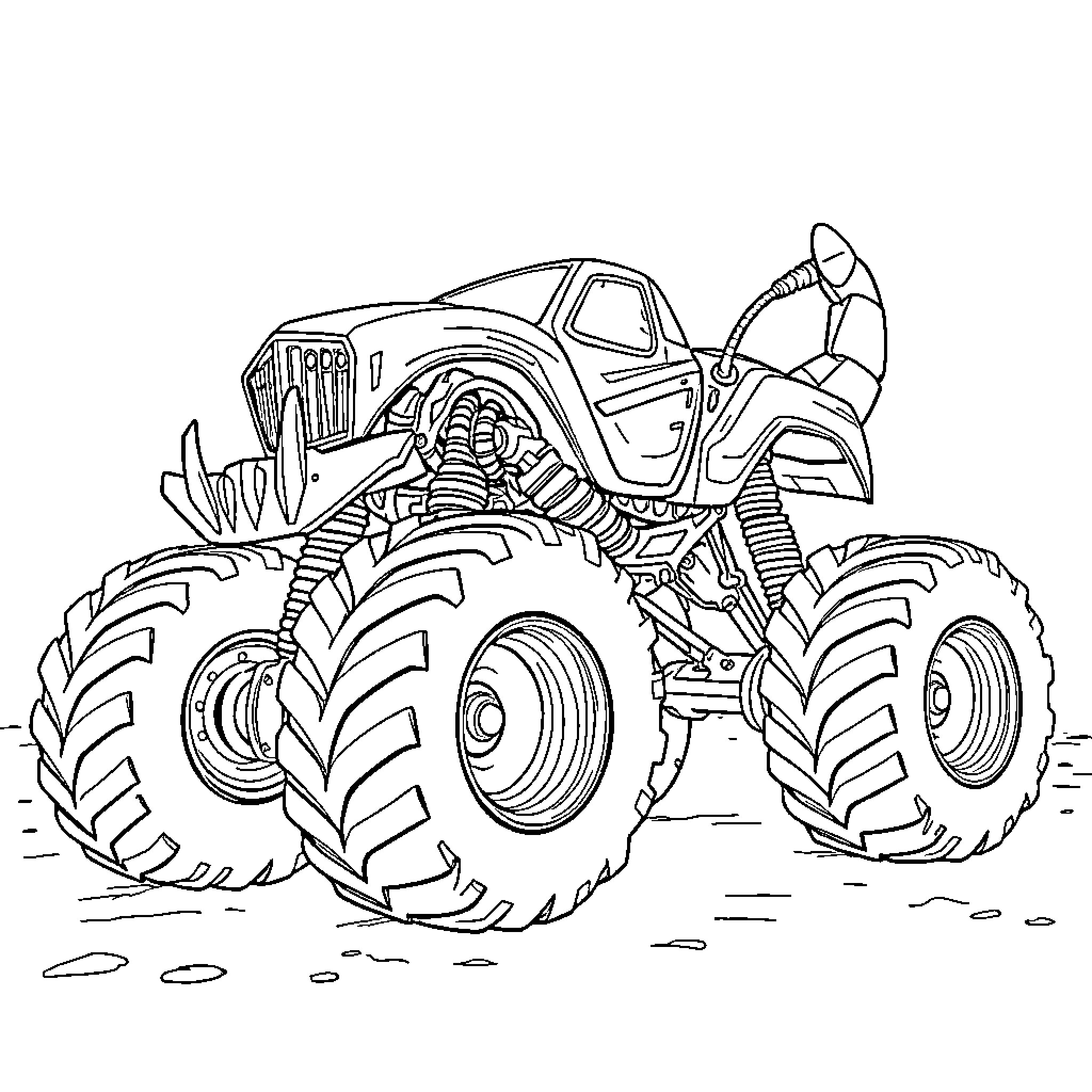 Scorpion Truck Tackling Challenging Terrain Coloring Page (free black-and-white line drawing printable PDF for all, from beginners to advanced learners, including children, teens, adults, and seniors)