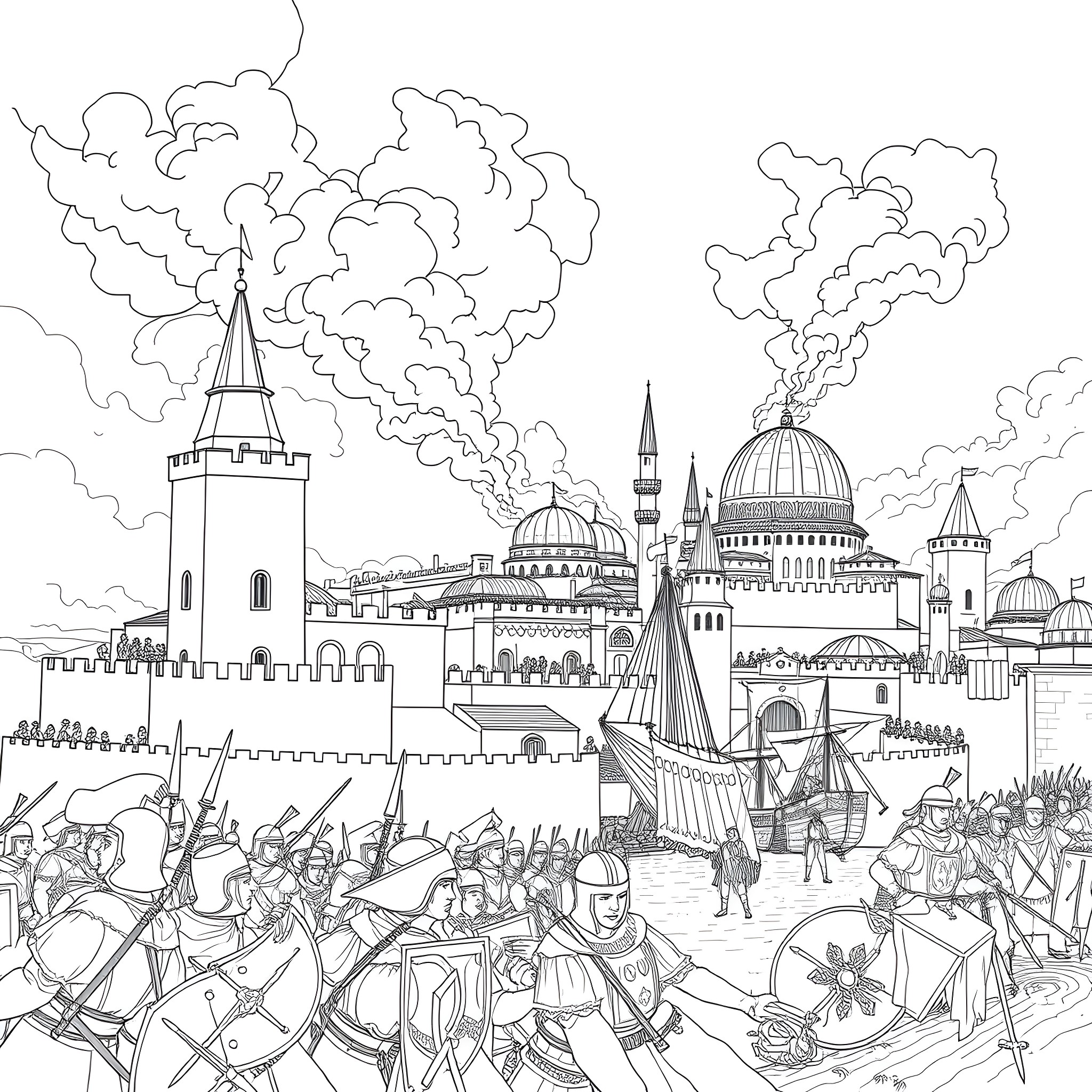 Siege of an Ottoman-style city Coloring Page (free black-and-white line drawing printable PDF for all, from beginners to advanced learners, including children, teens, adults, and seniors)